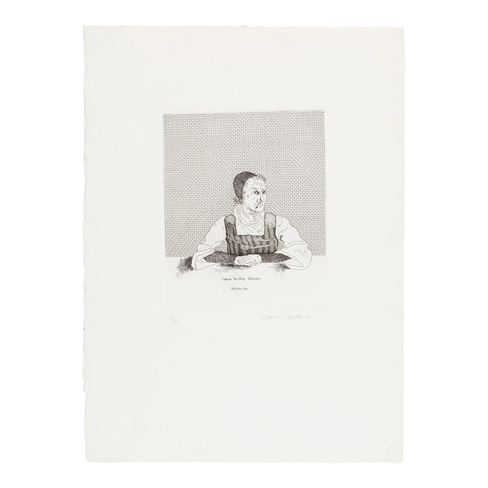 David Hockney (born 1937); Catherina Dorothea Viehmann, from Illustrations for Six Fairy Tales f...: David Hockney (born 1937) Catherina Dorothea Viehmann, from Illustrations for Six Fairy Tales from the Brothers Grimm (MCAT 67), 1969 Etching with aquatint on Hodgkinson DH/PP handmade paper, signed i