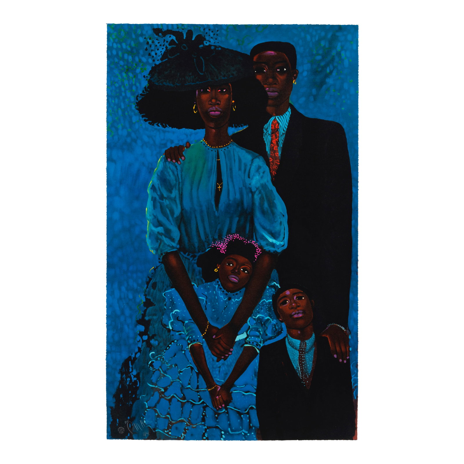 Geoffrey Holder (1940-2014); Family in Blue;: Geoffrey Holder (1940-2014) Family in Blue, 1994 Lithograph in colors on wove paper, signed in white pencil, dated and annotated 'AP' (an artist's proof, aside from the edition of 100), with the blind