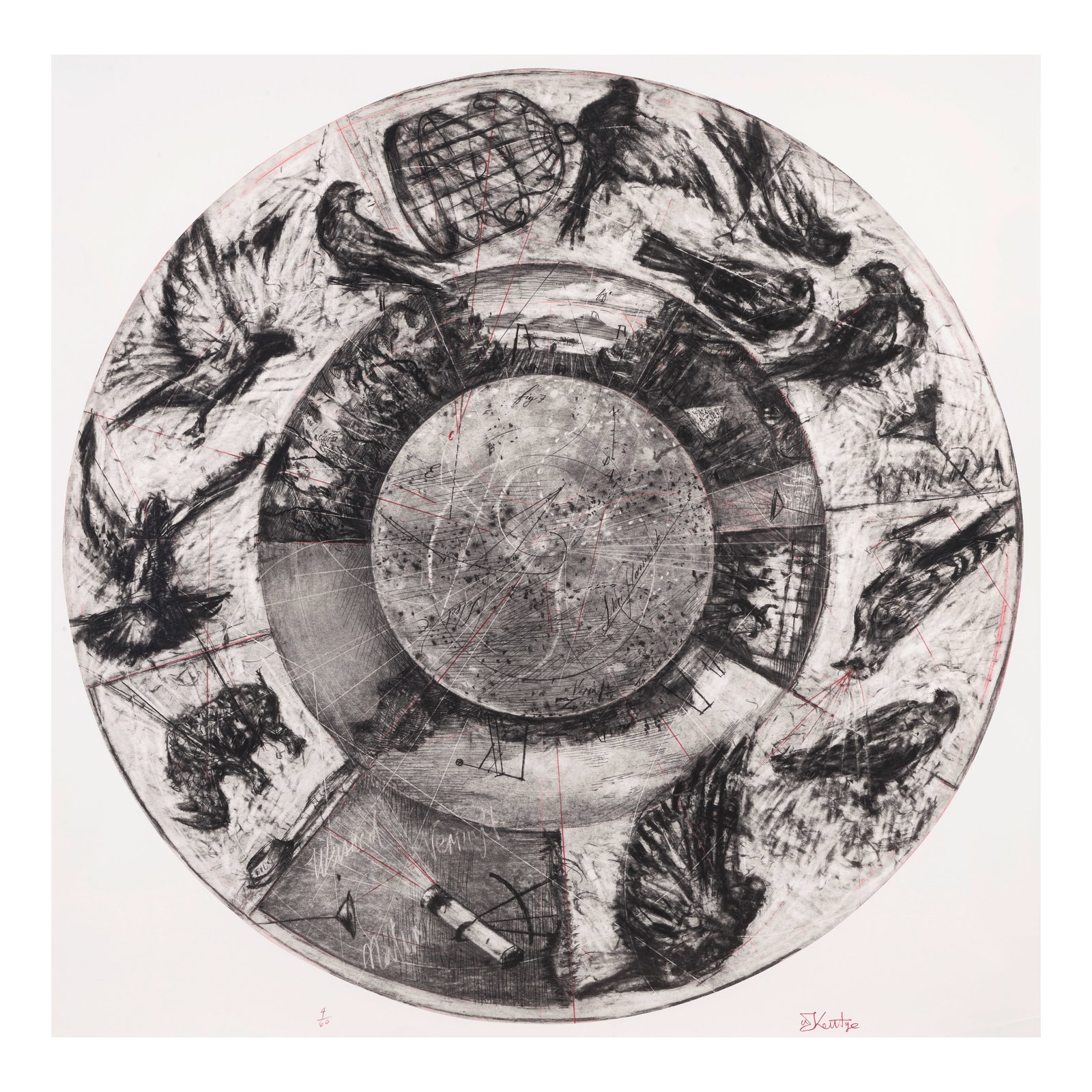 William Kentridge (born 1955); Music Box Tondo;: William Kentridge (born 1955) Music Box Tondo, 2006 Archival pigment print in black and red on Hahnemühle paper, signed in red crayon and numbered 4/60 (there were also 12 artist's proofs), publi