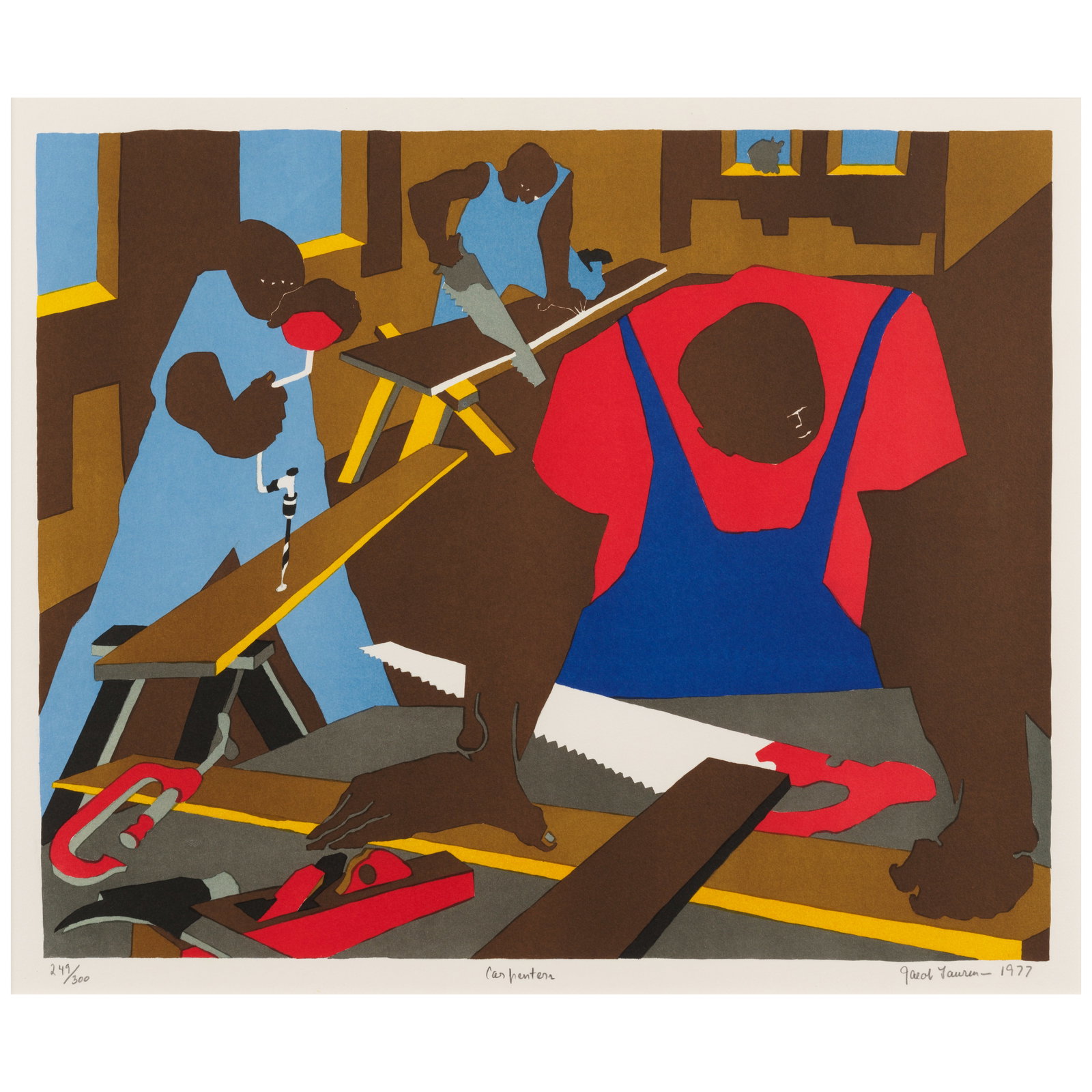 Jacob Lawrence (1917-2000); Carpenters;: Jacob Lawrence (1917-2000) Carpenters (Nesbett L77-2), 1977 Offset lithograph in colors on wove paper, signed in pencil, titled, dated and numbered 249/300 (there were also 10 artist's proofs), publis
