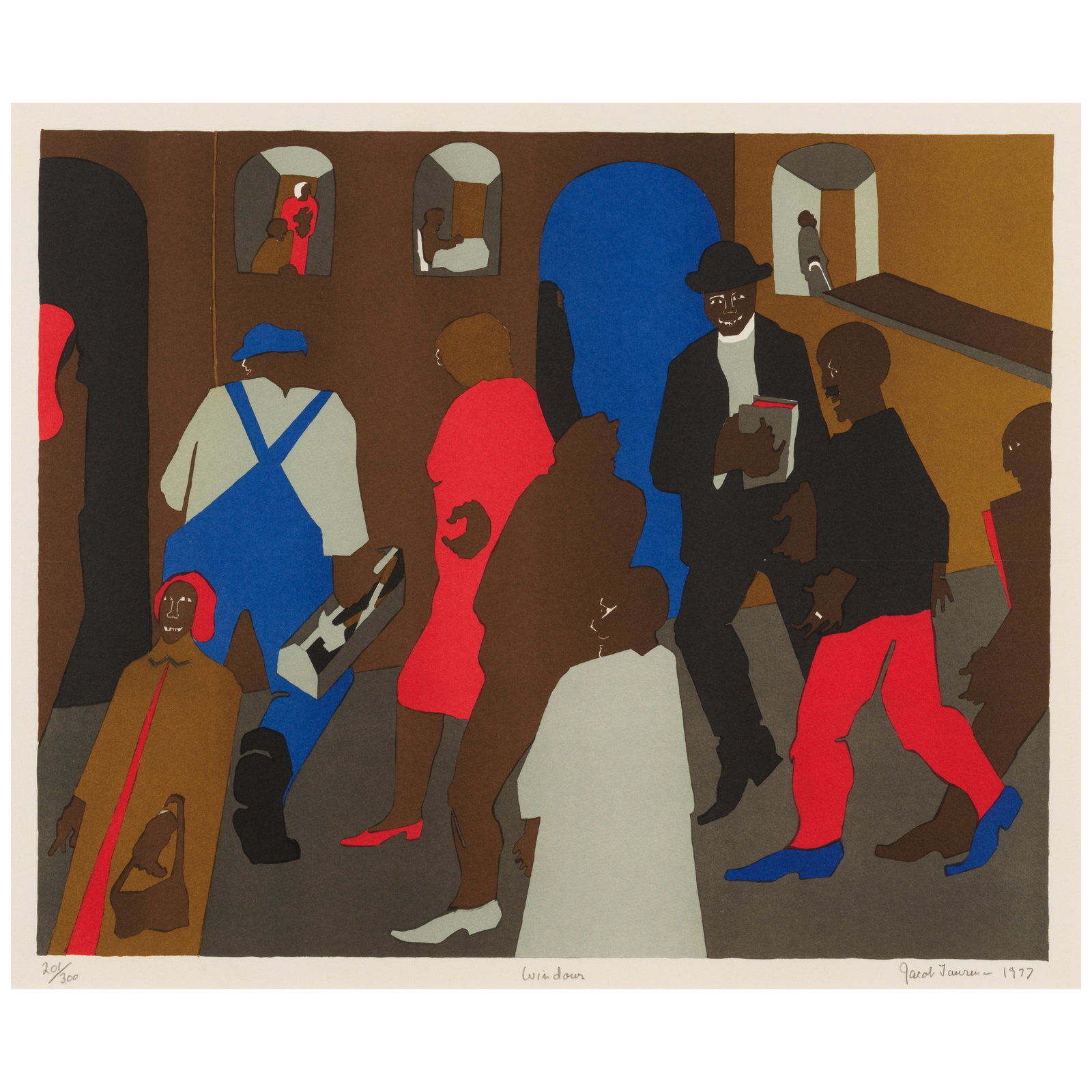 Jacob Lawrence (1917-2000); Windows;: Jacob Lawrence (1917-2000) Windows (Nesbett L77-4), 1977 Offset lithograph in colors on wove paper, signed in pencil, titled, dated and numbered 201/300 (there were also 10 artist's proofs), published