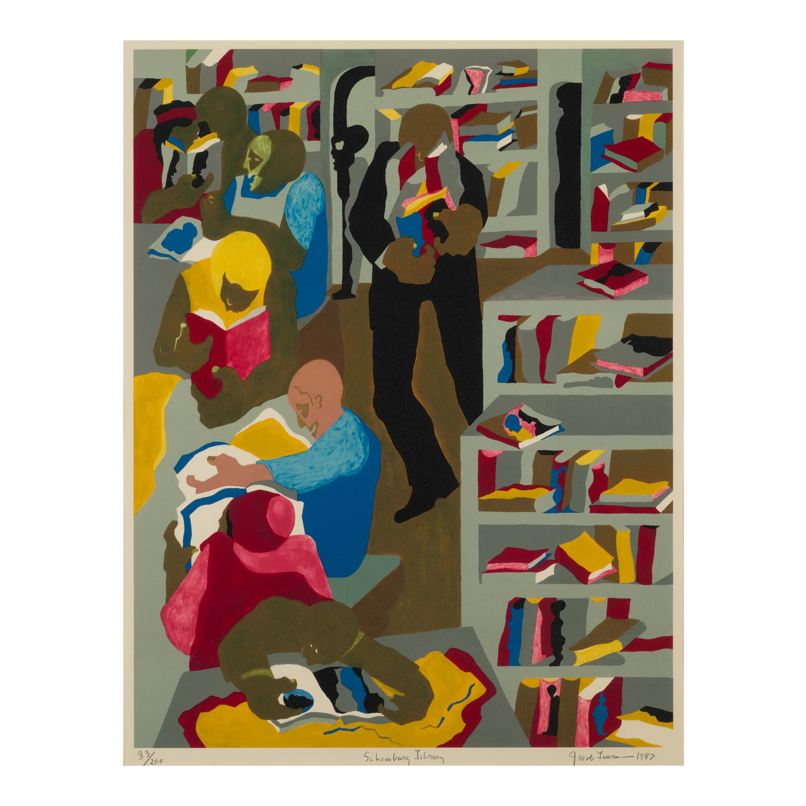 Jacob Lawrence (1917-2000); Schomburg Library;: Jacob Lawrence (1917-2000) Schomburg Library (Nesbett L87-1), 1987 Lithograph in colors on wove paper, signed in pencil, titled, dated and numbered 33/200 (there were also 20 artist's proofs), publish