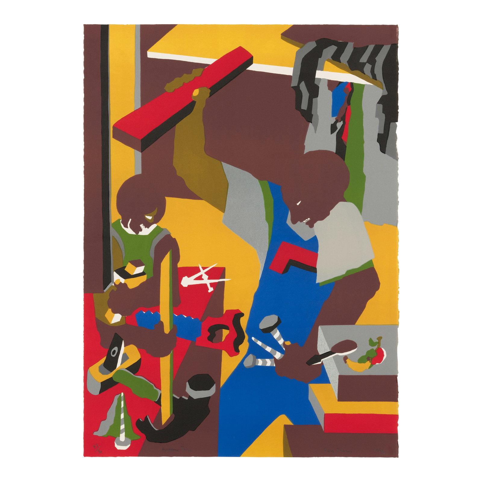 Jacob Lawrence (1917-2000); Builders Three;: Jacob Lawrence (1917-2000) Builders Three (Nesbett L91-1), 1991 Offset lithograph in colors on wove paper, signed in pencil, titled, dated and numbered 47/90 (there were also 25 artist's proofs), publ