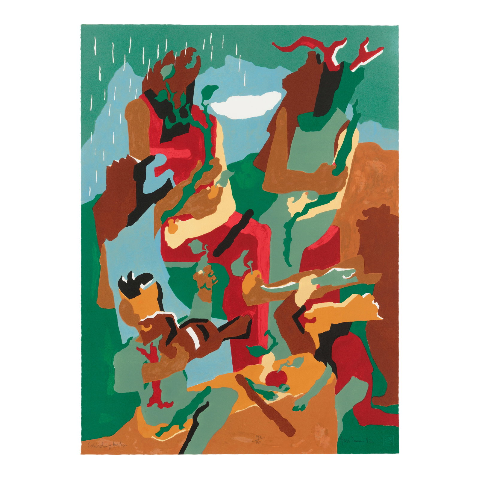 Jacob Lawrence (1917-2000); Celebration of Heritage;: Jacob Lawrence (1917-2000) Celebration of Heritage (Nesbett L92-1), 1992 Lithograph in colors on wove paper, signed in pencil, titled, dated and numbered 142/150, co-published by the American Indian H
