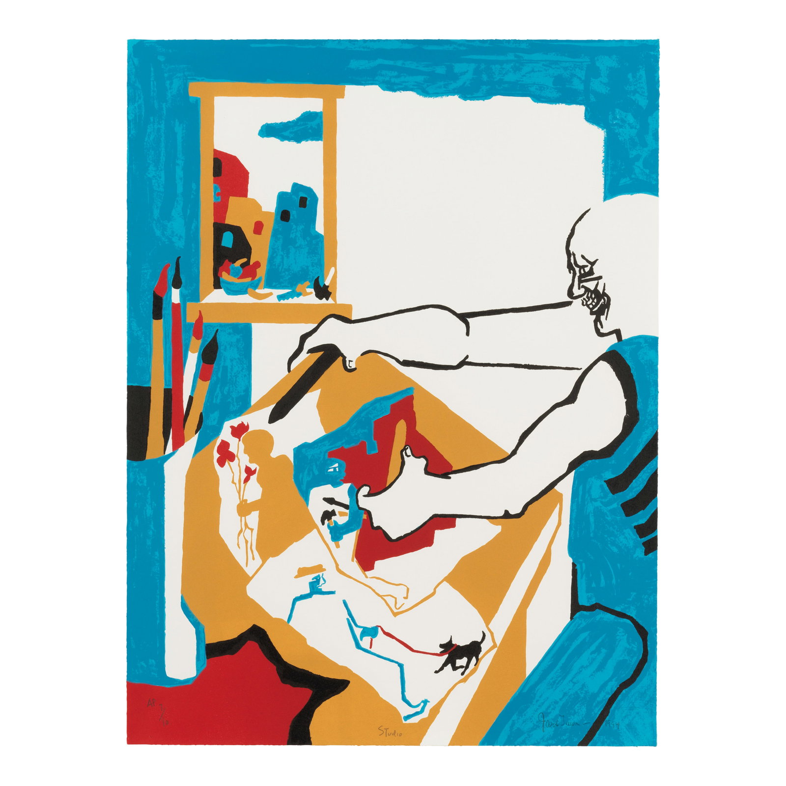 Jacob Lawrence (1917-2000); Studio (Artist in Studio);: Jacob Lawrence (1917-2000) Studio (Artist in Studio) (Nesbett L94-1), 1994 Lithograph in colors on wove paper, signed in pencil, titled, dated and annotated 'AP 1/10' (an artist's proof, aside from th