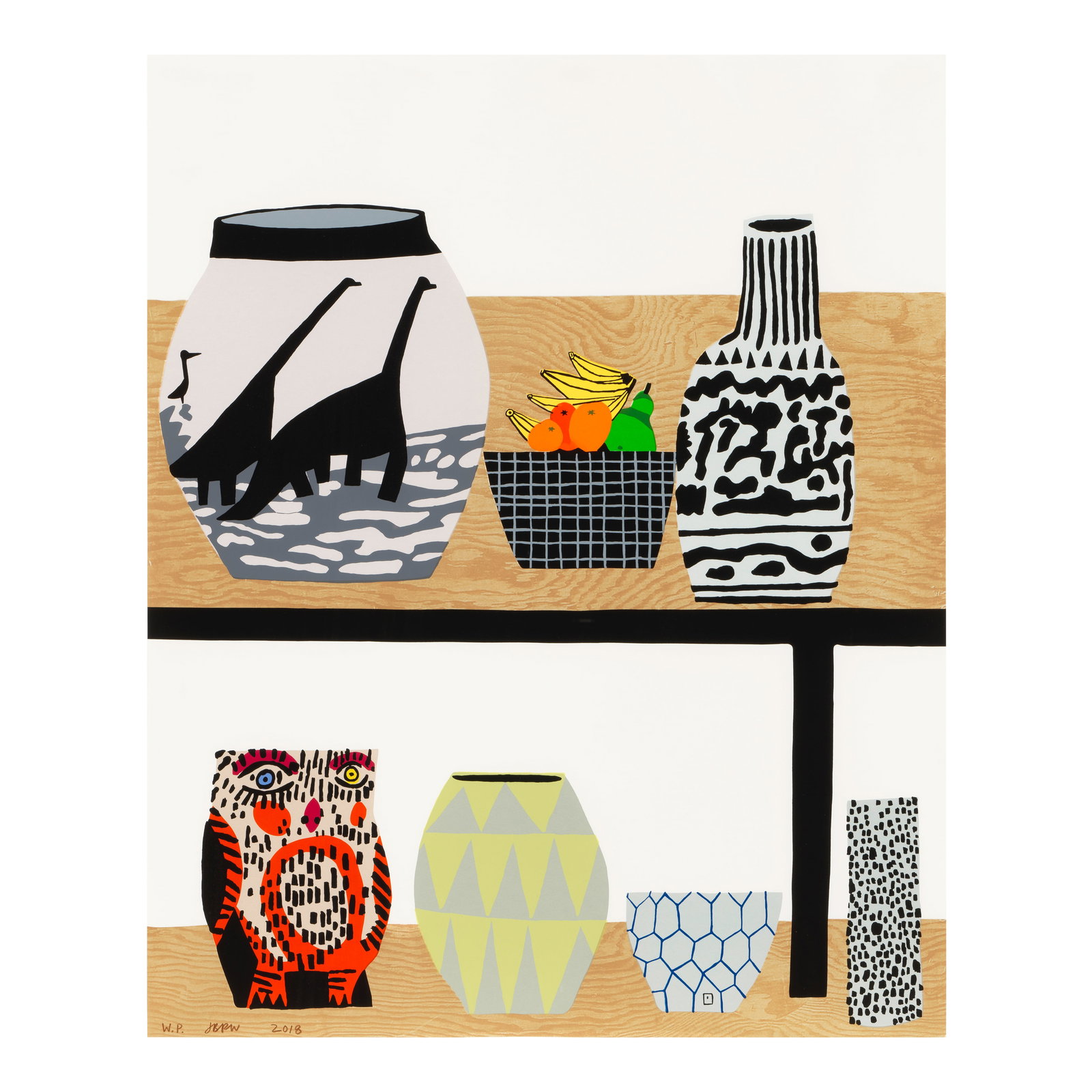 Jonas Wood (born 1977); Shelf Still Life;: Jonas Wood (born 1977) Shelf Still Life (Gagosian pp. 22-23), 2018 Lithograph and screenprint in colors on wove paper, signed in brown pencil, dated and annotated 'WP' (a working proof, aside from the