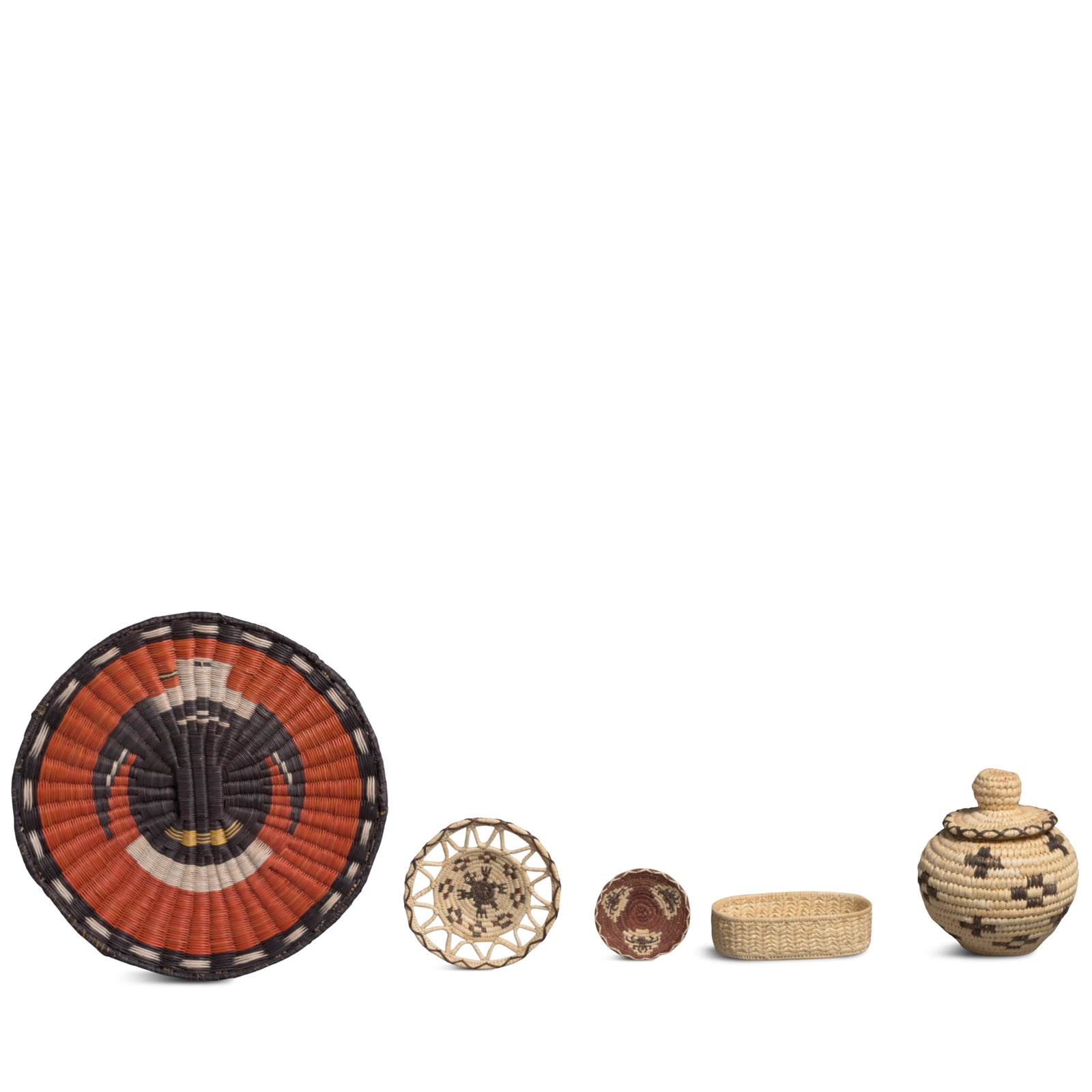 Five modern Southwestern baskets: Five modern Southwestern baskets Comprising a Hopi polychrome pictorial wicker plaque; and four Tohono O'odham (Papago) miniature examples, two pictorial trays and two by Annie Antone (b. 1955). diame