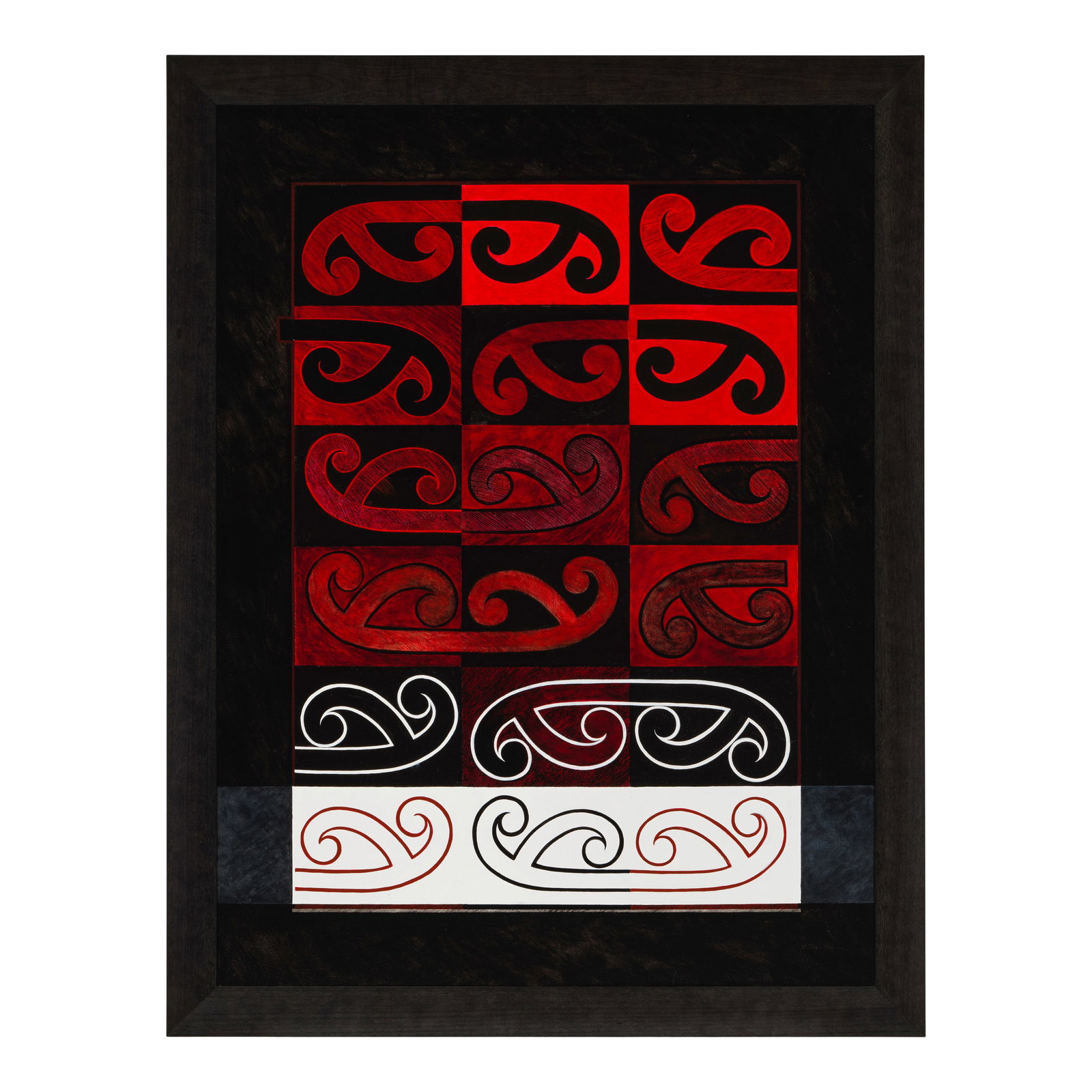 A Sandy (Raymond Henry) Adsett painting, 'Beyond the Koru' (from the Cultural Connection Series)...: Sandy (Raymond Henry) Adsett, M.N.Z.M. Māori, (b. 1939), 'Beyond the Koru' (from the Cultural Connection Series), 2003, acrylic on canvas, titled, signed and dated verso, framed. size (sight) 47