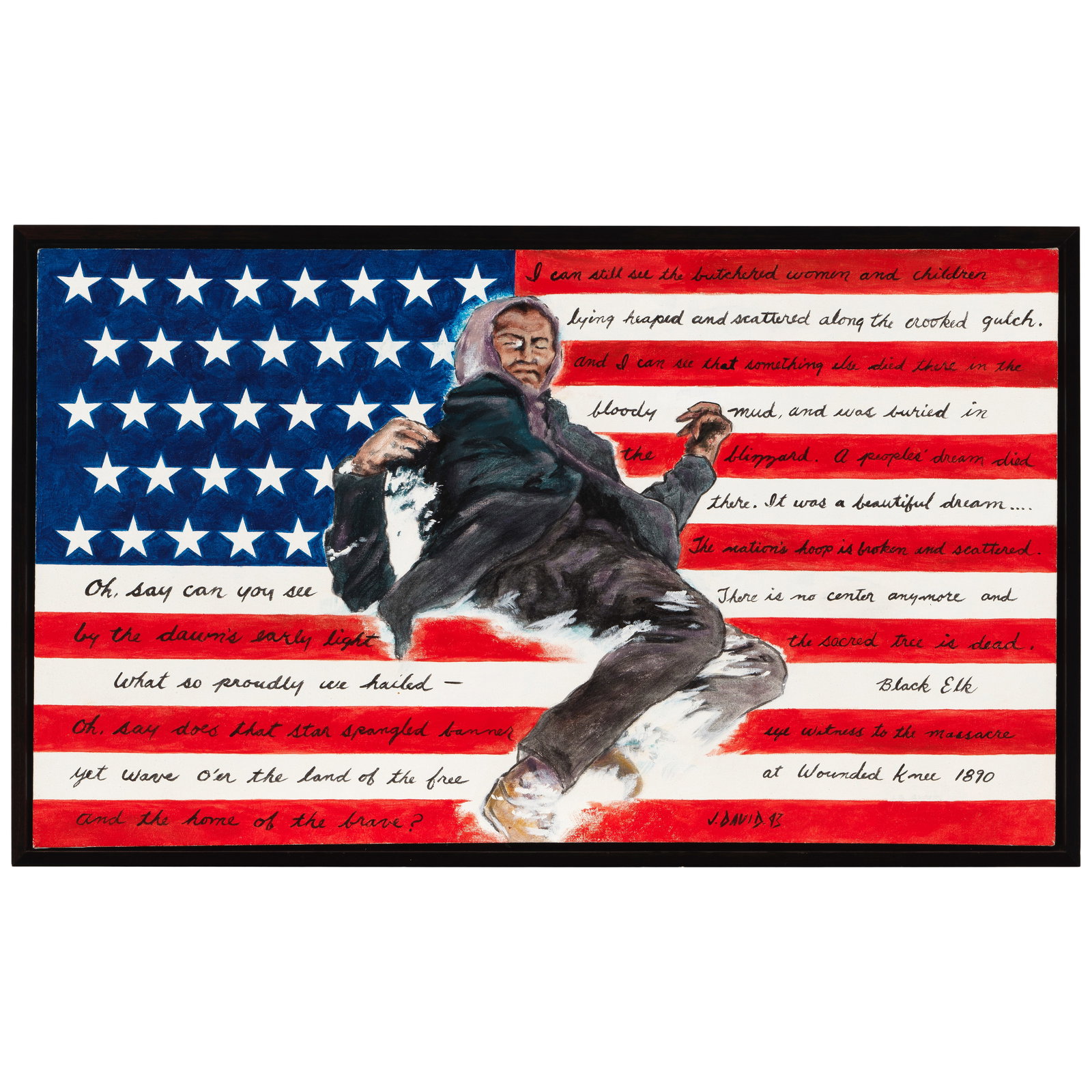 A Joe David painting, 'Big Foot, Wounded Knee,' 1993: Joe David Nuu-chah-nulth/Tla'oquiaht, (b. 1946), 'Big Foot, Wounded Knee,' 1993, signed and dated lower right, framed. size (sight) 19 3/4in x 34in; size as framed 21 1/4 x 35 1/2in Footnotes: Exhibit