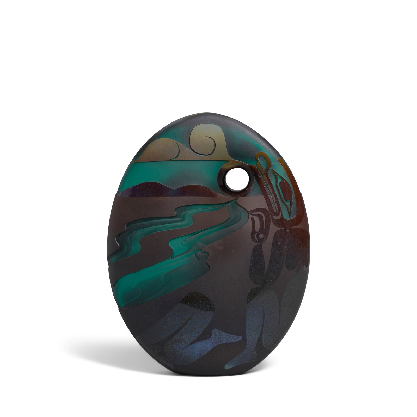 A Preston Singletary glass sculpture, 'Daughters of the Creek,' 2017: Preston Singletary Tlingit, (b. 1963), 'Daughters of the Creek,' 2017, green, blue and black blown and sand-carved glass sculpture, signed and dated on the underside: Preston Singletary 2017. height 1