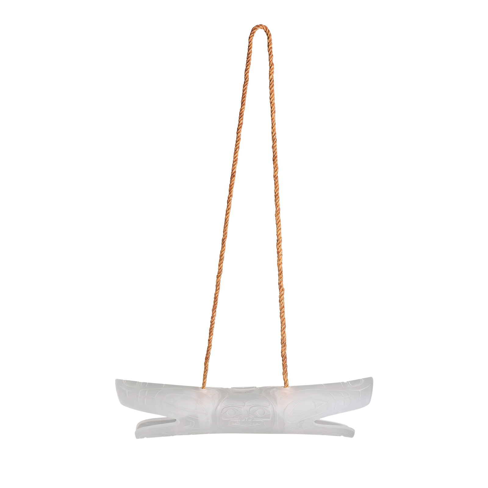 A Preston Singletary glass sculpture, 'Soul Catcher': Preston Singletary Tlingit, (b. 1963), 'Soul Catcher,' 1999, blown and sand-carved glass with cedar bark cord, signed and dated bottom exterior. length 19 1/8in, height 4 3/4in; height as suspended 29