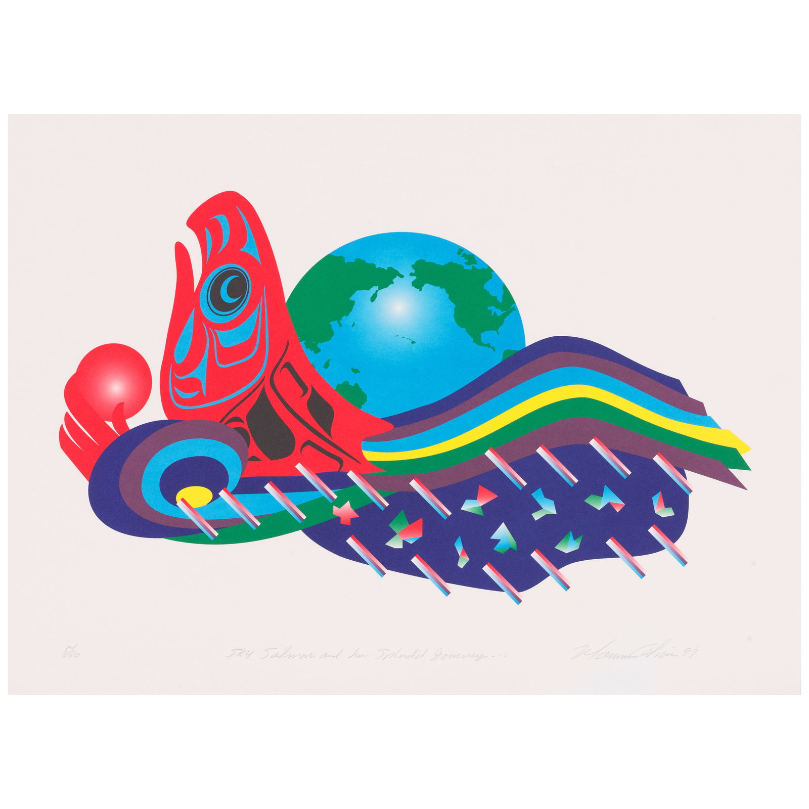 A Marvin Oliver serigraph, 'Sky Salmon and his Splendid Journey...,' 1997: Marvin Oliver Quinault/Isleta Pueblo, (1946-2019), 'Sky Salmon and his Splendid Journey...,' 1997, serigraph on paper, unframed, edition 34 of 550, numbered lower left, titled lower center, signed and