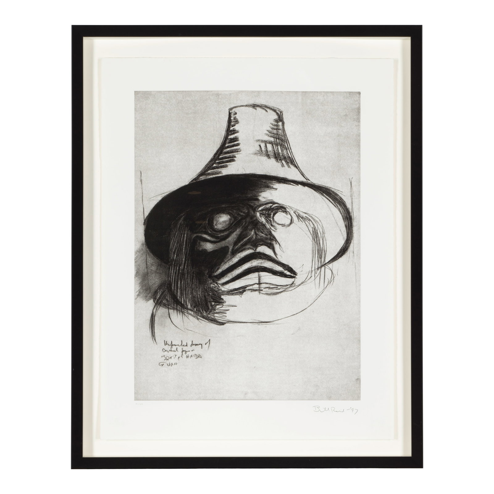 A Bill Reid intaglio photogravure, 'Unfinished Drawing of Central Figure in 'Spirit of Haida Gwa...: Bill Reid (Iljuwas), O.B.C., R.C.A. Haida, (1920-1998), 'Unfinished Drawing of Central Figure in 'Spirit of Haida Gwai (The Black Canoe)',' 1997, intaglio photogravure framed under glass, edition 16 o