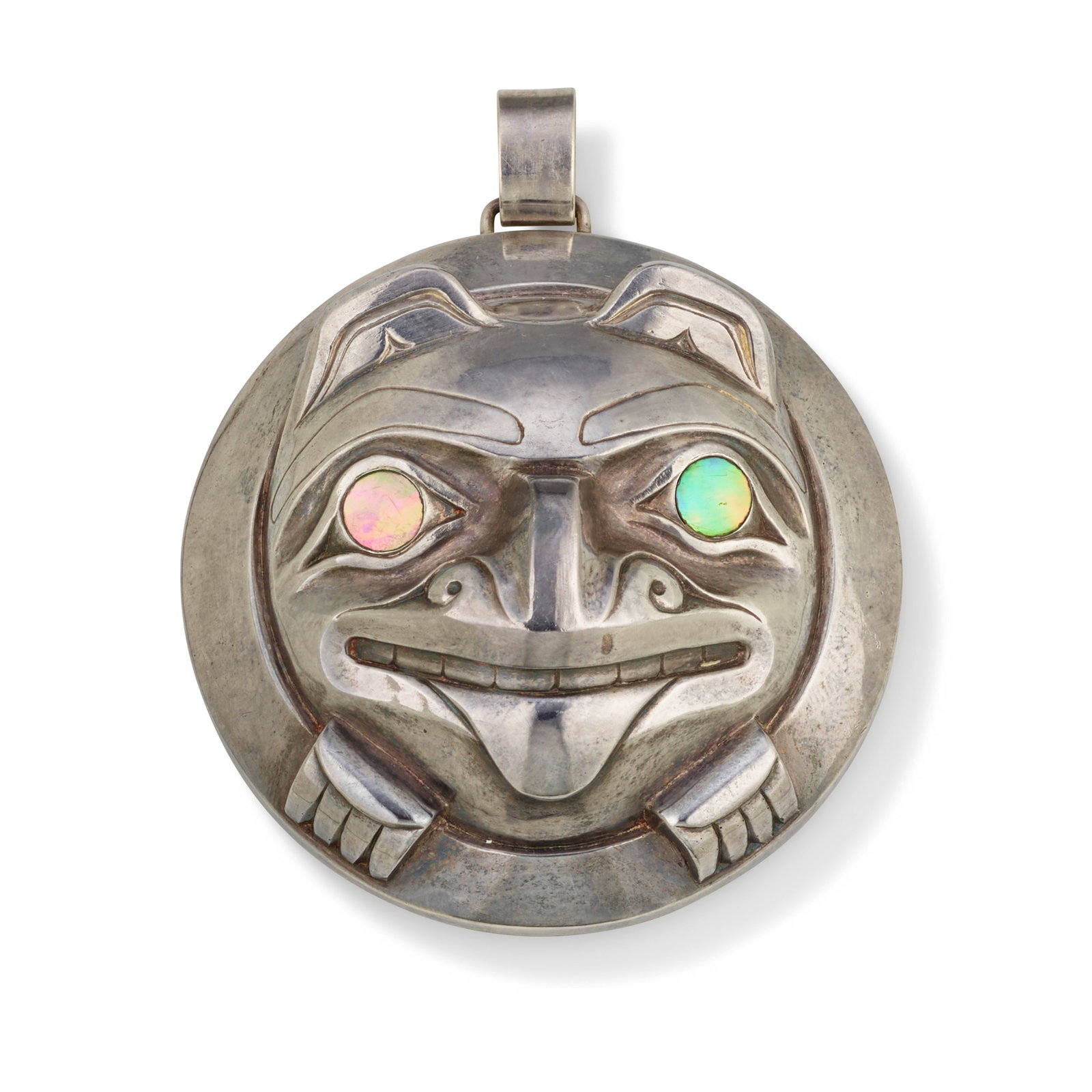 A Larry Rosso silver bear-motif pendant: Larry Rosso, Wet'suwet'en (Carrier), (1944-2006), a sterling silver bear-motif pendant with inlaid eyes, Artist's Proof, signed with artist's initial in script: R, and editioned verso, unmarked for si