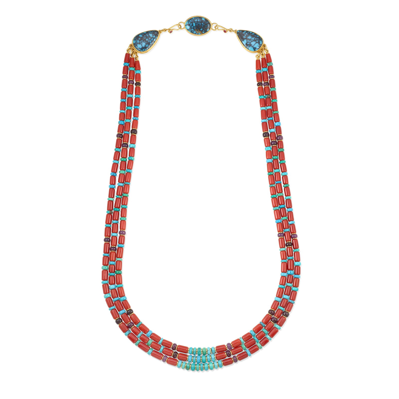 A Larry Vasquez coral, turquoise and gold necklace, 'New Magic': Larry Vasquez Apache/Mescalero/Mayan/Aztec, (b. 1947), 'New Magic,' a three-strand 18K and 22K gold, coral, sugilite, and turquoise (Castle Dome, Sleeping Beauty, Royston and Valley Blue) bead necklac