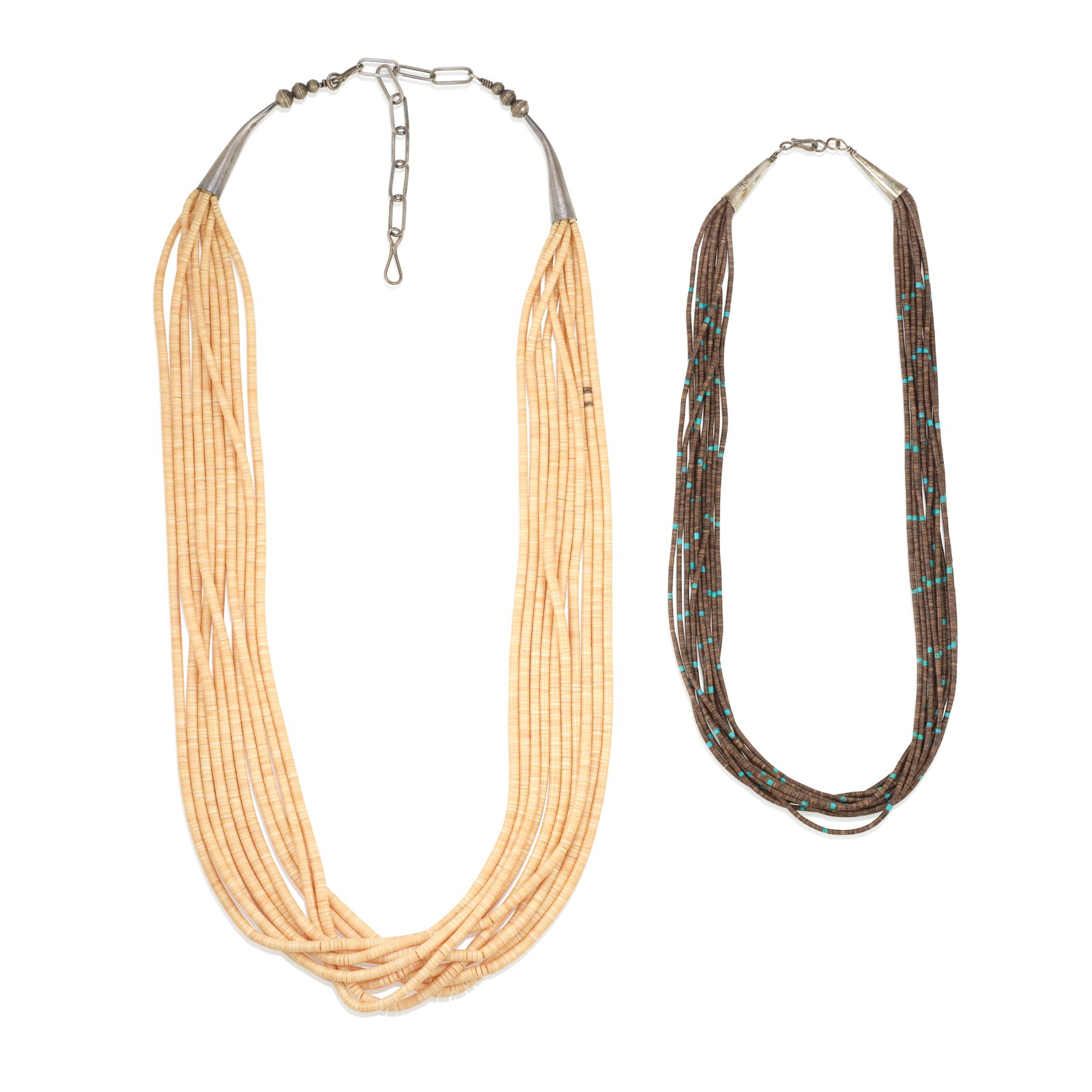 Two Pueblo multi-strand necklaces: Two Pueblo multi-strand necklaces The first of ten strands, strung with melon shell and a handful of heishi accent beads; the second with ten strands of fine heishi and turquoise beads, stamped on one