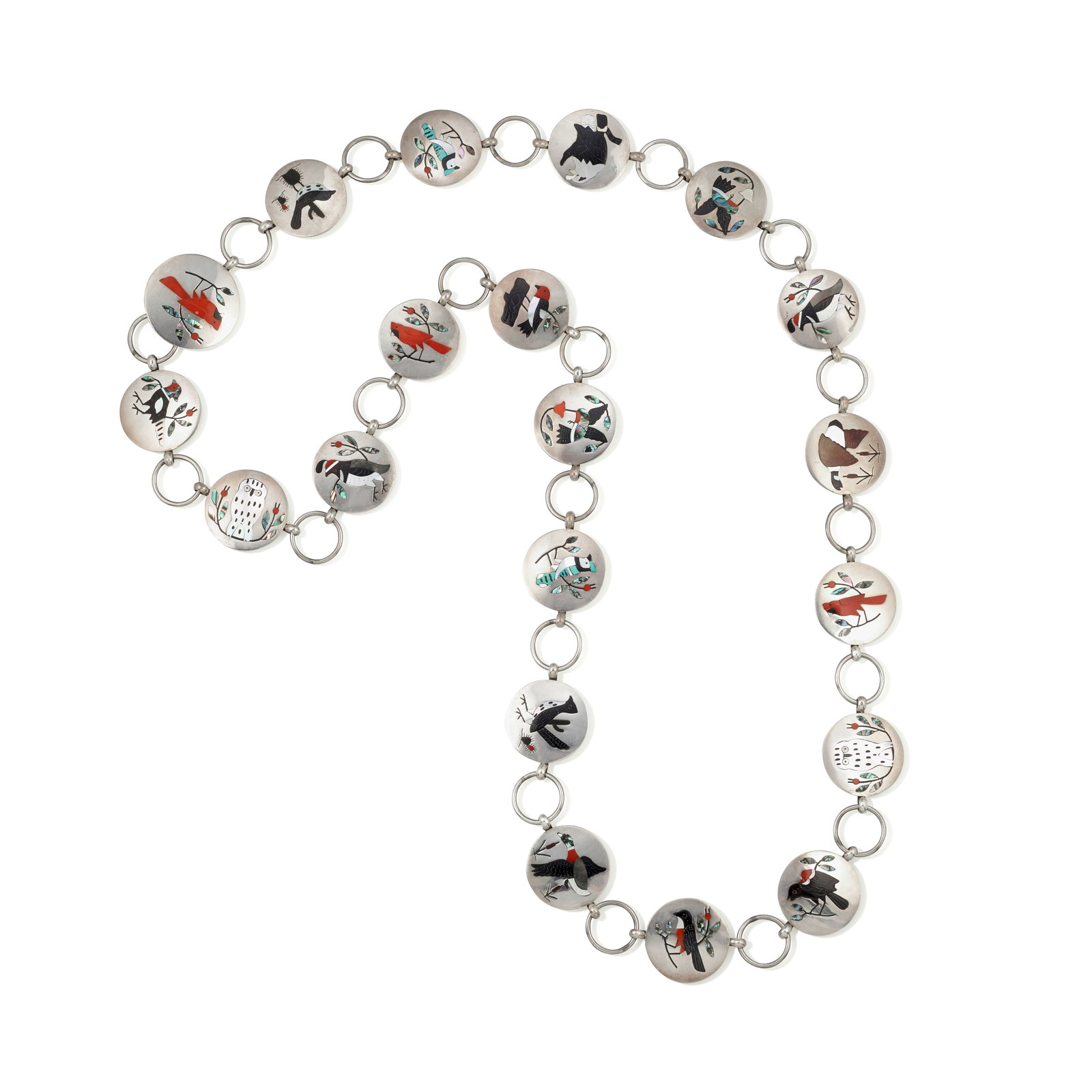 A Sanford Edaakie multi-stone inlay link belt: Sanford Edaakie Zuni, (b. 1963), a silver link belt with multi-stone inlay of various birds, the buckle signed in script: S.C. Edaakie. overall length 38in, buckle diameter 1 1/4in, each link diameter