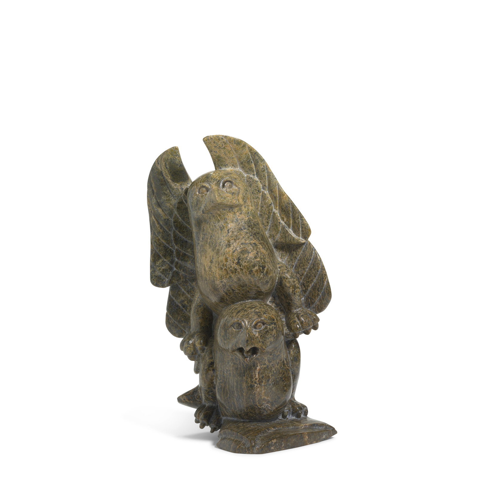 An Iyola Kingwatsiak stone sculpture, 'Courting Owls,' 1988: Iyola Kingwatsiak Inuit, Kinngait (Cape Dorset), (1933-2000), 'Courting Owls,' 1988, carved stone sculpture, signed in syllabics on the side of the integral base. height 18 3/4in, width 10 3/4in Footn
