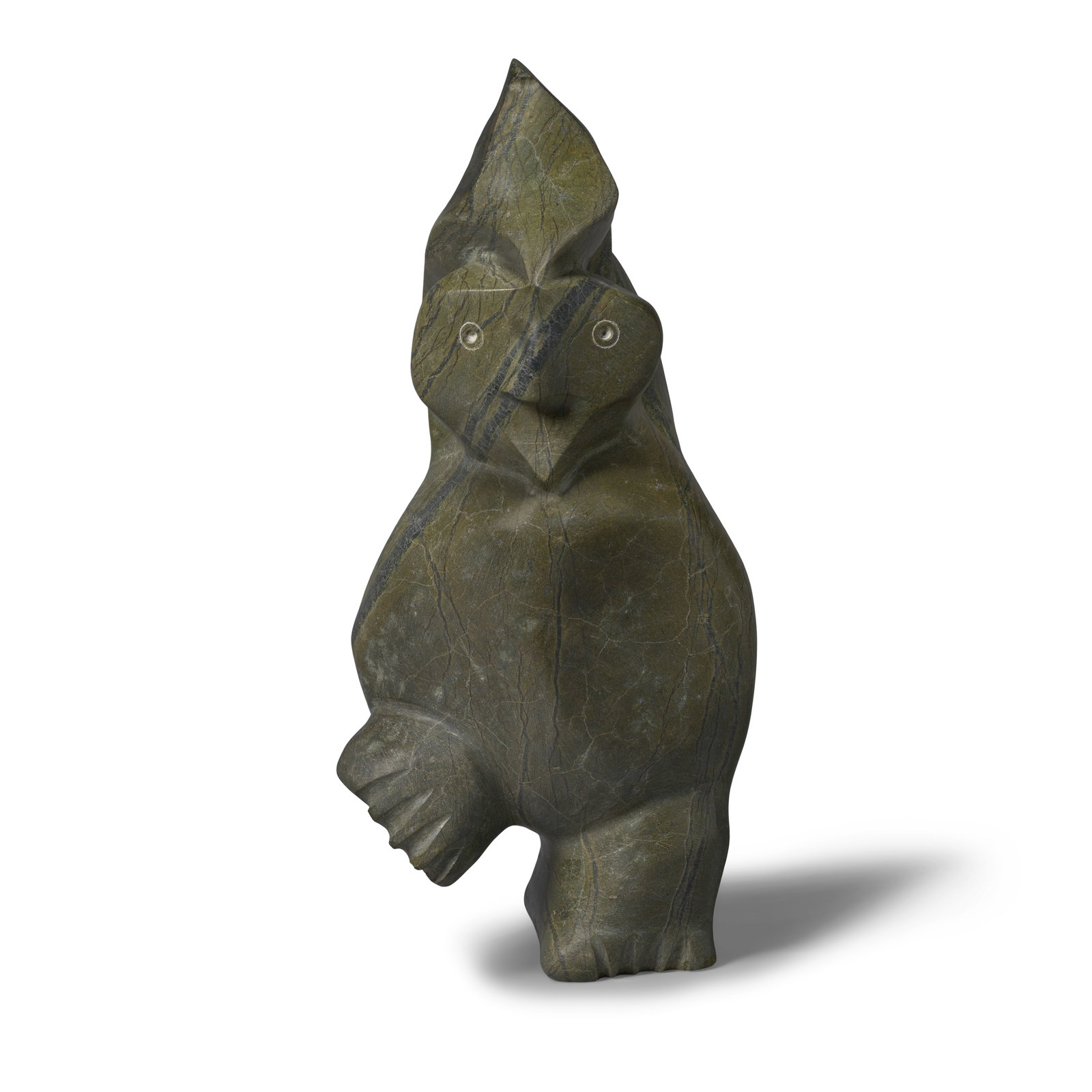 A Pauta Saila stone sculpture, dancing owl: Pauta Saila, R.C.A. Inuit, Kinngait (Cape Dorset), (1916-2009), untitled stone sculpture, depicting a dancing owl, signed in syllabics at the base of one foot. height 21in; width 9in Footnotes: Proven