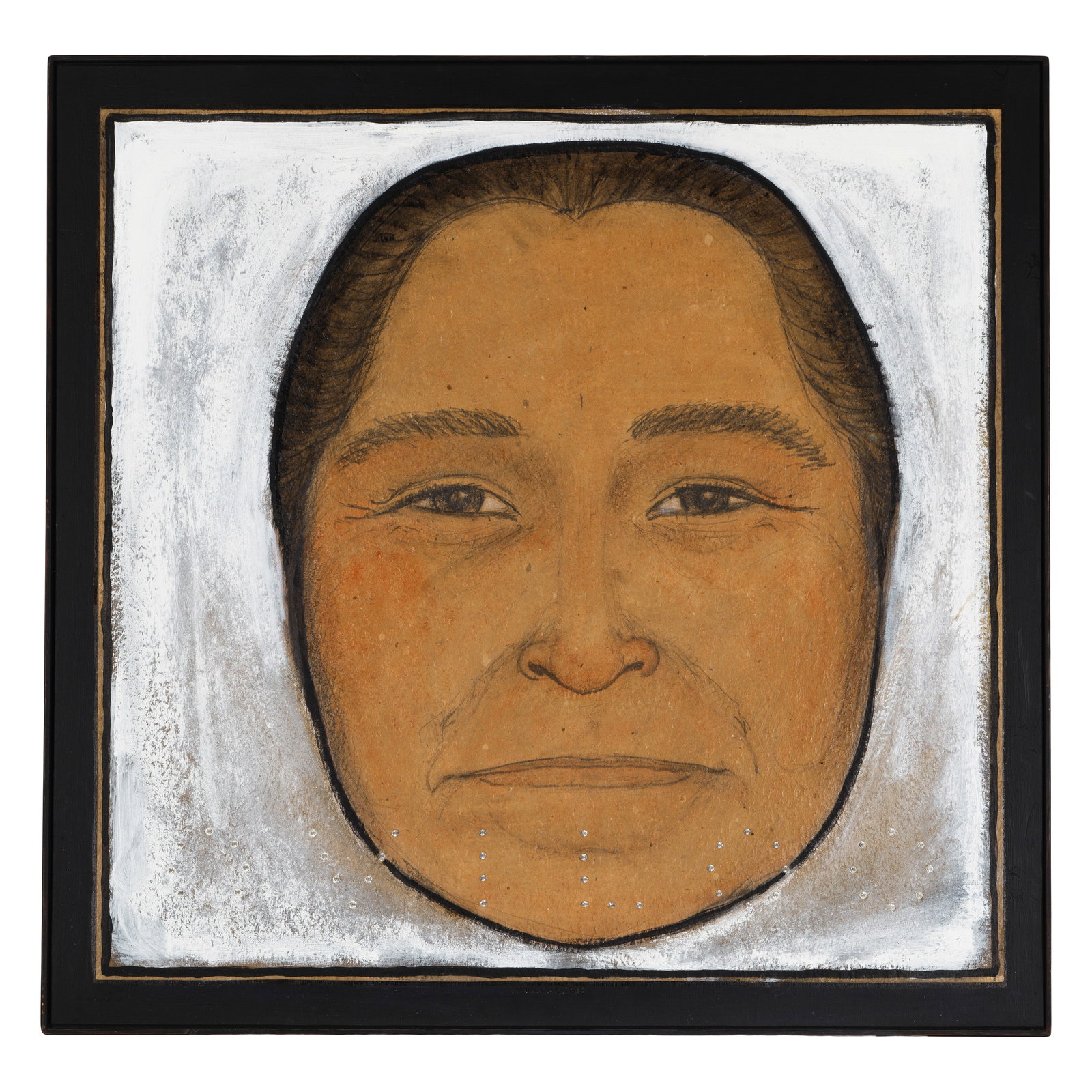 A Brent Gelaude mixed-media artwork, 'Oviloo', 1998: Brent Gelaude Canadian, (b. 1956), 'Oviloo,' 1998, mixed media on paper mounted on repurposed panel, set in an integral frame, signed bottom center 'GELAUDE / 98', likely a portrait of Inuit sculptor