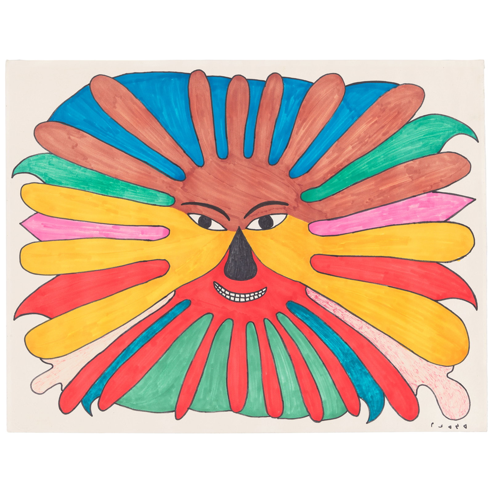 A Kenojuak Ashevak drawing: Kenojuak Ashevak, C.C., R.C.A. Inuit, Kinngait (Cape Dorset), (1927-2013), Untitled (smiling face with radiating feathers), felt tip marker on paper, unframed, signed in syllabics lower right. paper: