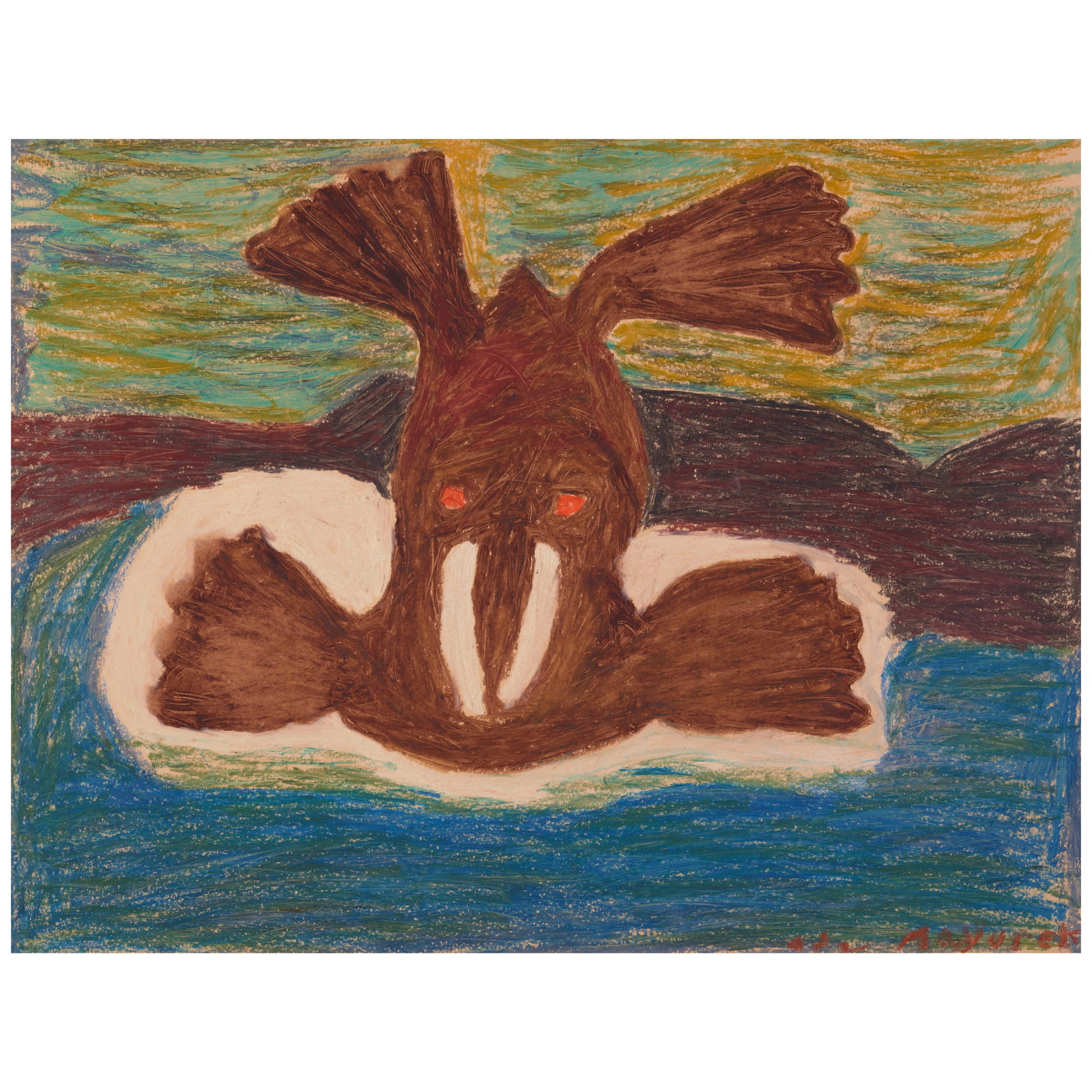 A Mayureak Ashoona drawing: Mayureak Ashoona, R.C.A. Inuit, Kinngait (Cape Dorset), (b. 1946), Untitled (walrus), oil pastels on paper, unframed; matted, signed lower right in Roman and syllabics. paper: height 32 1/2in, width 4