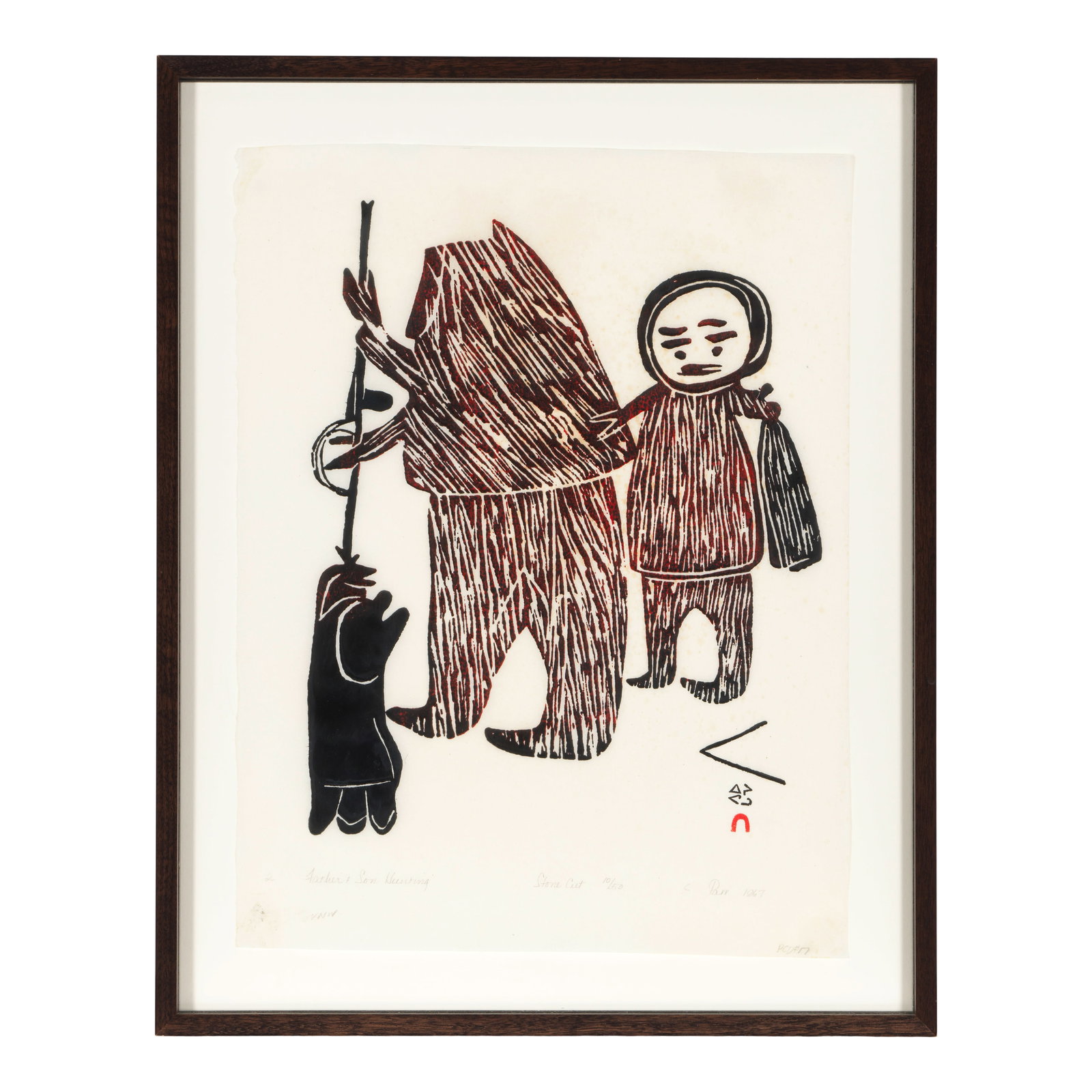 A Parr stonecut, 'Father and Son Hunting,' 1967: Parr Inuit, Kinngait (Cape Dorset), (1893-1969), 'Father and Son Hunting,' 1967, stonecut on paper framed under glass, edition 10 of 50, titled lower left, inscribed and numbered lower center, dated a