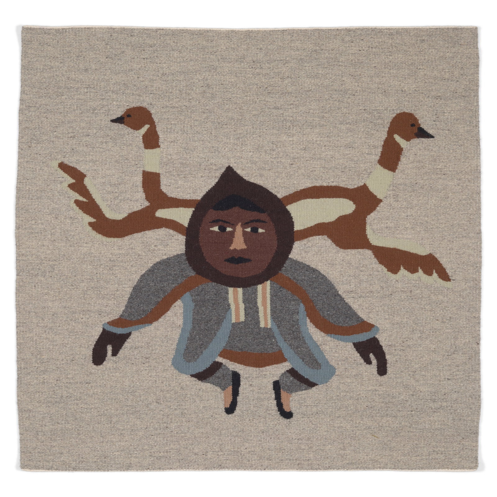 A Malaya Akulukjuk and Geela Akulukjue tapestry, 'Carried Away by Two Birds': Malaya Akulukjuk and Geela Akulukjuk Each: Inuit, Pannirtuq/Pangnirtung, (1915-1995) and (b. 1952), 'Carried Away by Two Birds,' #223, woven wool tapestry, edition 10 of 10, titled, numbered and inscr