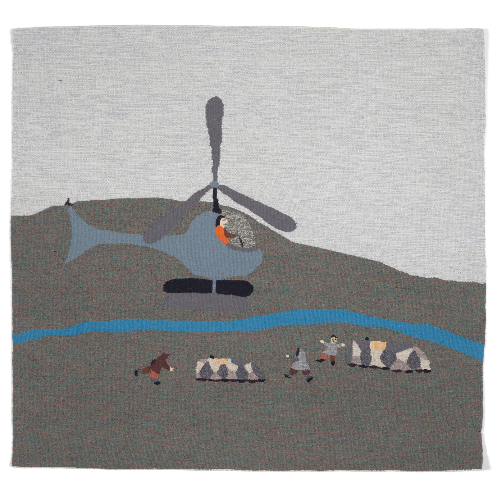 An Eleesapee Eshulutuk and Geela Keenainak tapestry, 'Seeing a Helicopter for the First Time': Eleesapee Eshulutuk and Geela Keenainak Each: Inuit, Pannirtuq/Pangnirtung, (1925-2018) and (b. 1943), 'Seeing a Helicopter for the First Time,' #246, woven wool tapestry, edition 7 of 10, titled, num