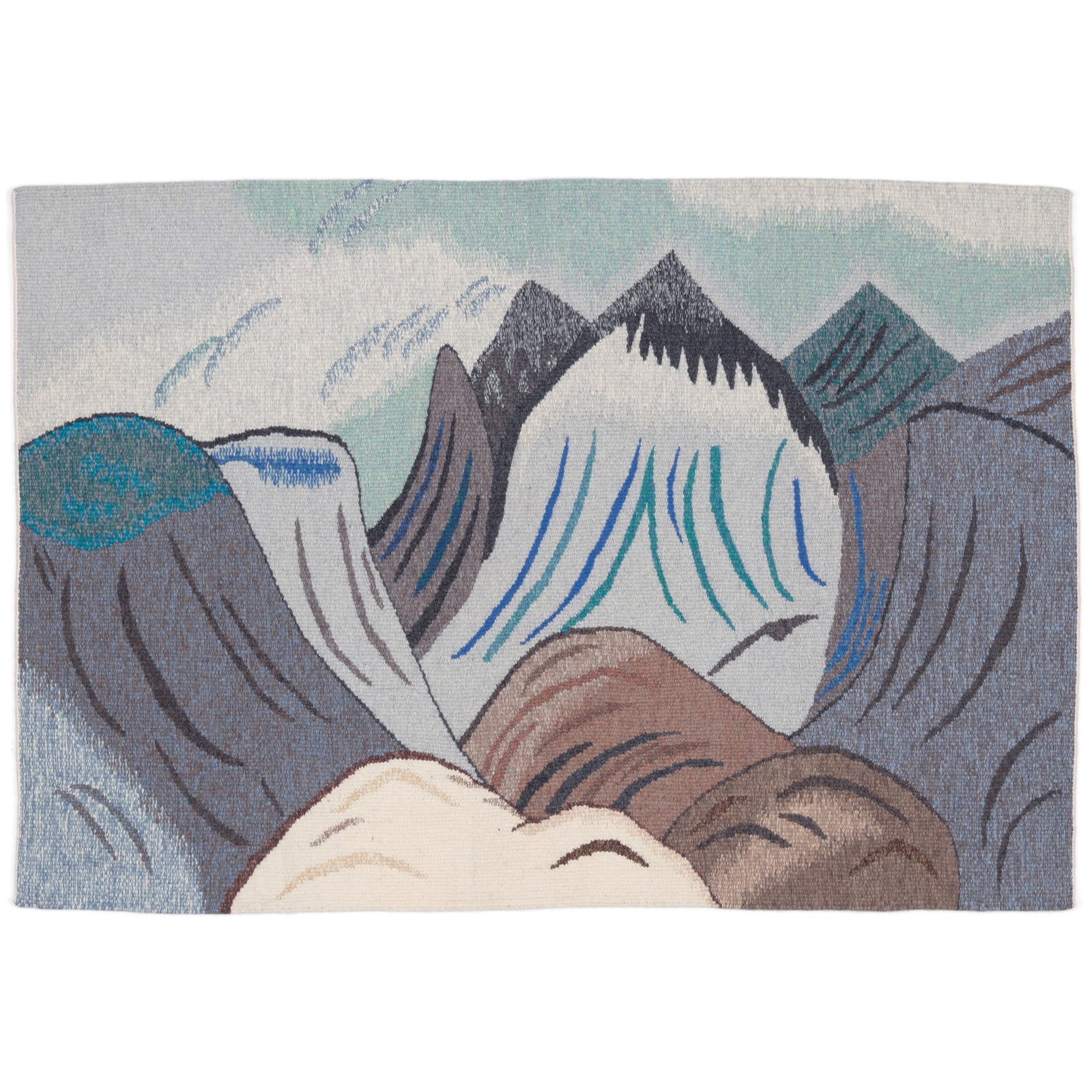 A Kawtysee Kakee tapestry, 'Qaqqait / Mountains': Kawtysee Kakee Inuit, Pannirtuq/Pangnirtung, (b. 1955), 'Qaqqait / Mountains,' #386, woven wool tapestry, edition 10 of 10, titled, numbered and inscribed with artist's name on a cotton strip verso in