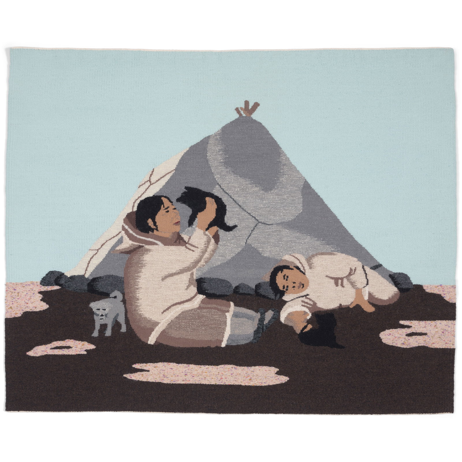 An Andrew Qappik and Geela Akulukjuk tapestry, 'My Puppies': Andrew Qappik, C.M., R.C.A., and Geela Akulukjuk Each: Inuit, Pannirtuq / Pangnirtung, (b. 1946) and (b. 1952), 'My Puppies,' #443, woven wool tapestry, edition 5 of 10, titled, numbered and inscribed
