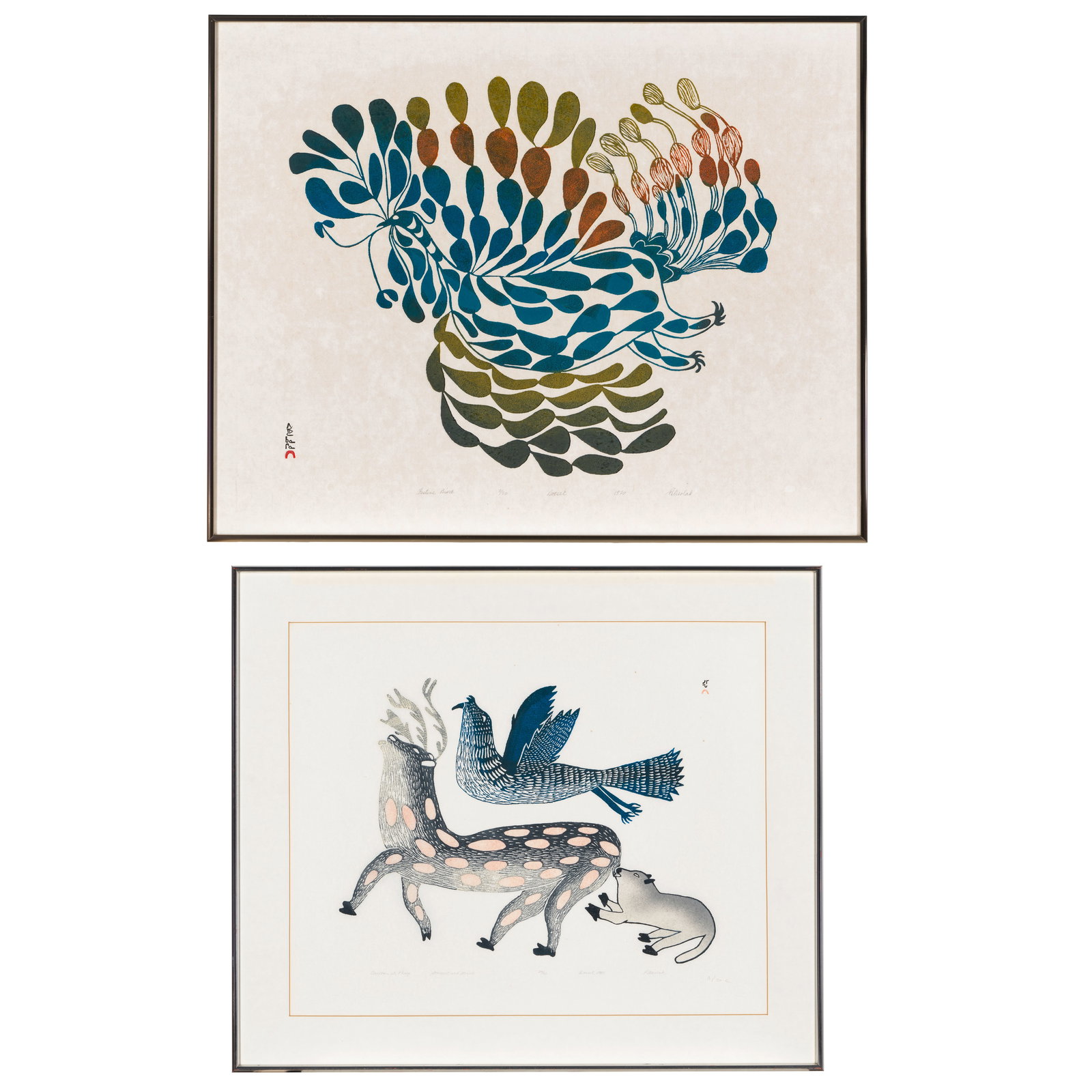 Two Pitseolak Ashoona stonecuts, 'Festive Bird,' 1970, and 'Caribou at Play,' 1980: Pitseolak Ashoona, O.C., R.C.A., Inuit, Kinngait (Cape Dorset), (1904-1983), two works: 'Festive Bird,' 1970, and 'Caribou at Play,' 1980, each stonecut on paper framed under glass, edition 7 of 50 an