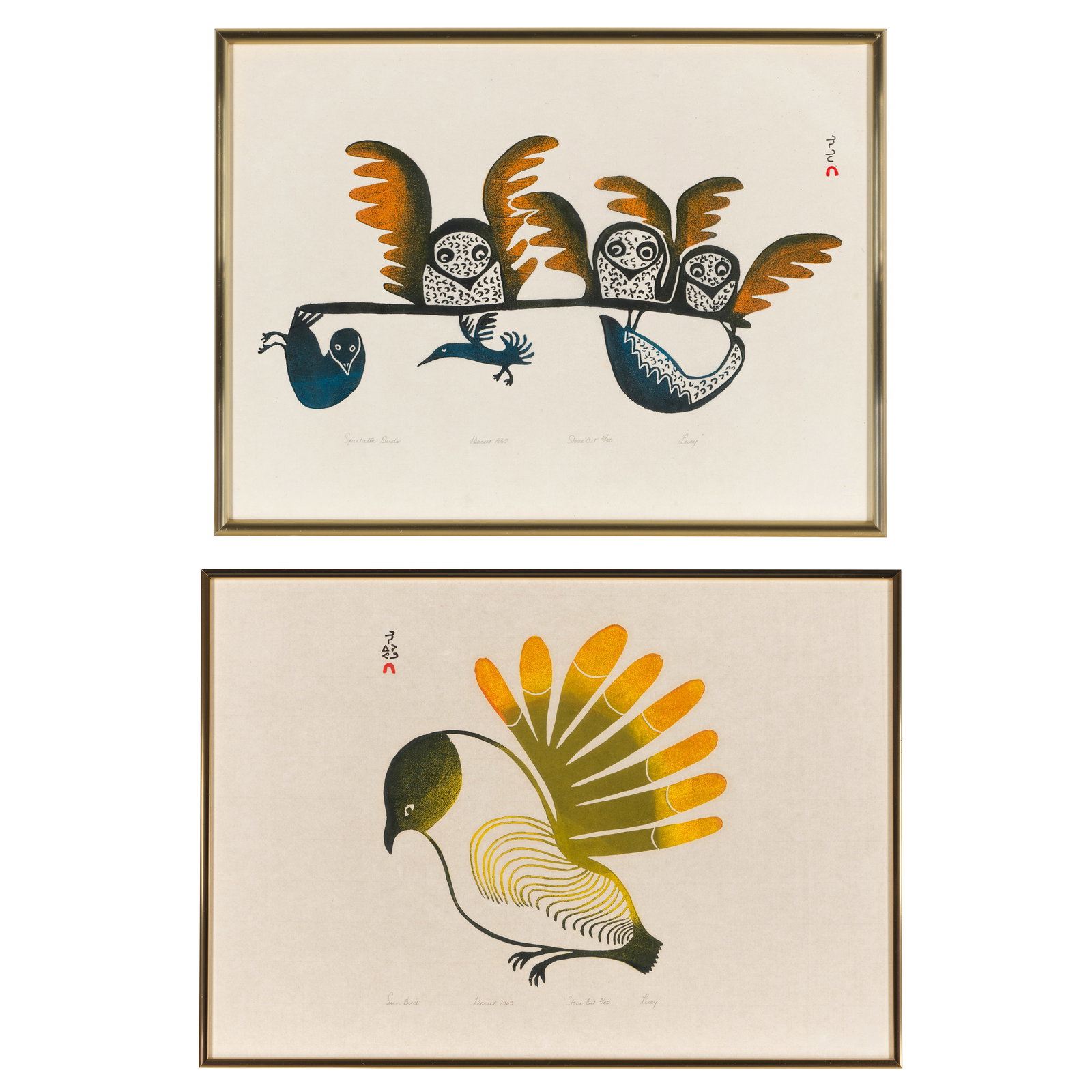 Two Lucy Qinnuayuak stonecuts: 'Sun Bird,' 1969 and 'Spectator Birds,' 1969: Lucy Qinnuayuak Inuit, Cape Dorset/Kinngait, (1915-1982), two works: 'Sun Bird,' 1969, and 'Spectator Birds,' 1969, each stonecut on paper framed under glass or Plexiglas, each edition 2 of 50, each