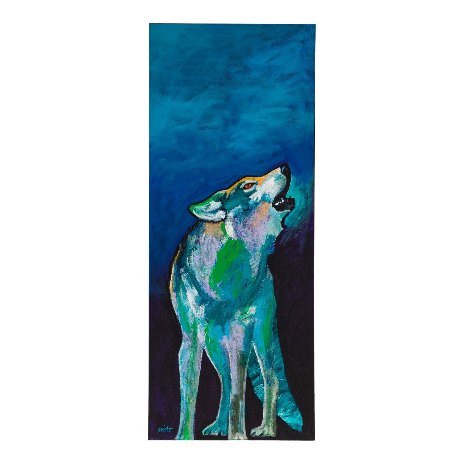 A John Nieto painting, 'Alpha Wolf Calling His Pack', 2012: John Nieto Hispanic/Mescalero Apache/Diné (Navajo), (1936-2018), 'Alpha Wolf Calling His Pack', 2012, acrylic on canvas, signed lower left, titled, signed and dated verso. size 40in x 16in Footno