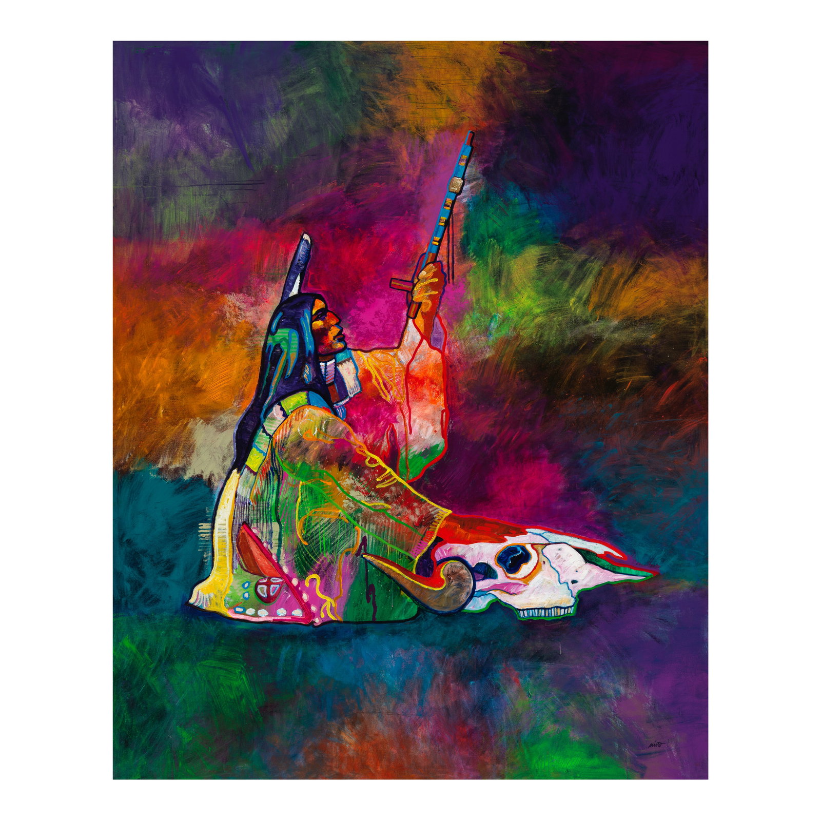 A John Nieto painting, 'Buffalo Skull Medicine,' 1997: John Nieto Hispanic/Mescalero Apache/Diné (Navajo), (1936-2018), 'Buffalo Skull Medicine,' 1997 acrylic on canvas, signed lower right, titled, signed again and dated verso, framed. size 84in x 68