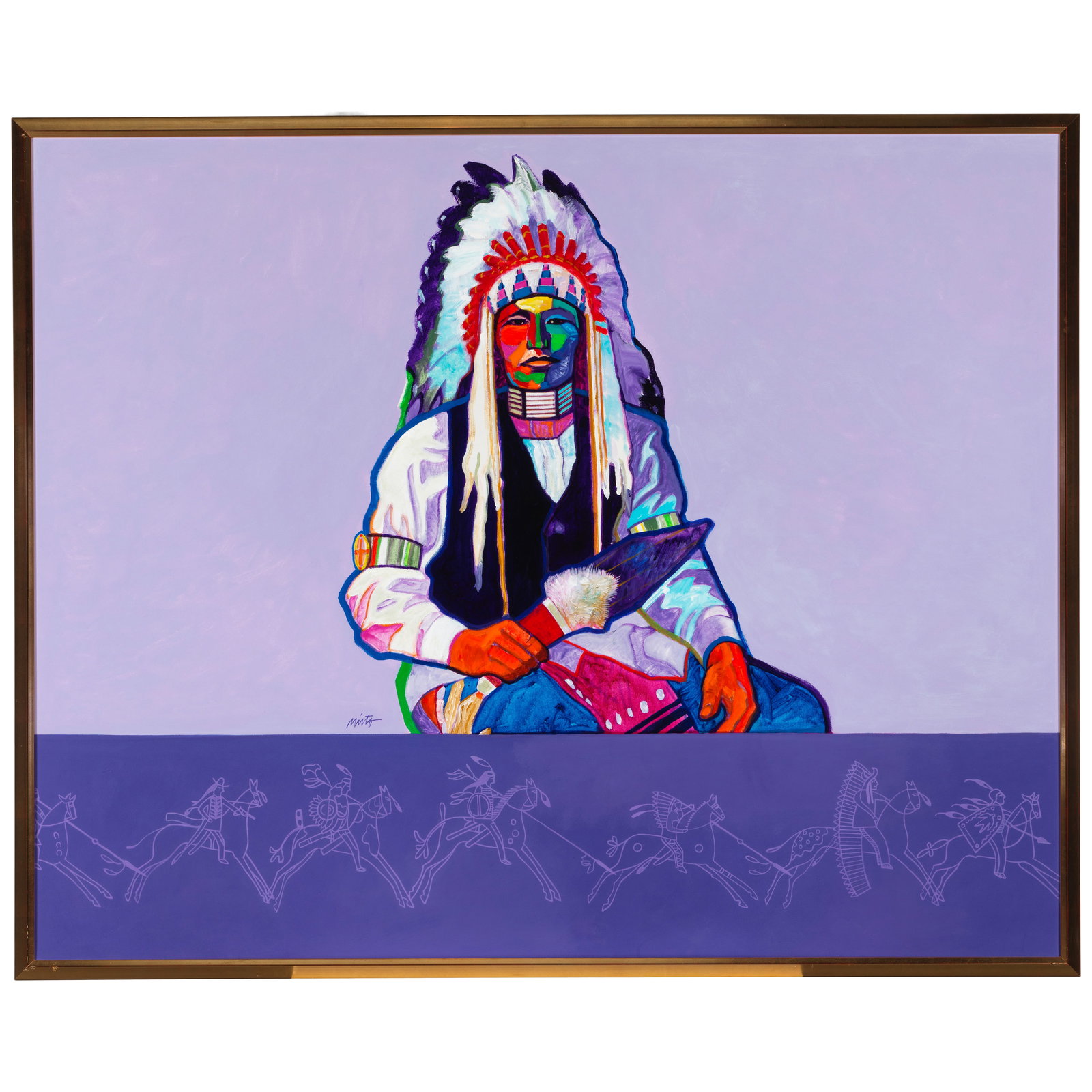 A John Nieto painting, 'White Eagle', 2002: John Nieto Hispanic/Mescalero Apache/Diné (Navajo), (1936-2018), 'White Eagle', 2002, acrylic on canvas, signed lower center, titled, signed and dated verso, framed. size (sight) 47 1/2 x 59 1/2i