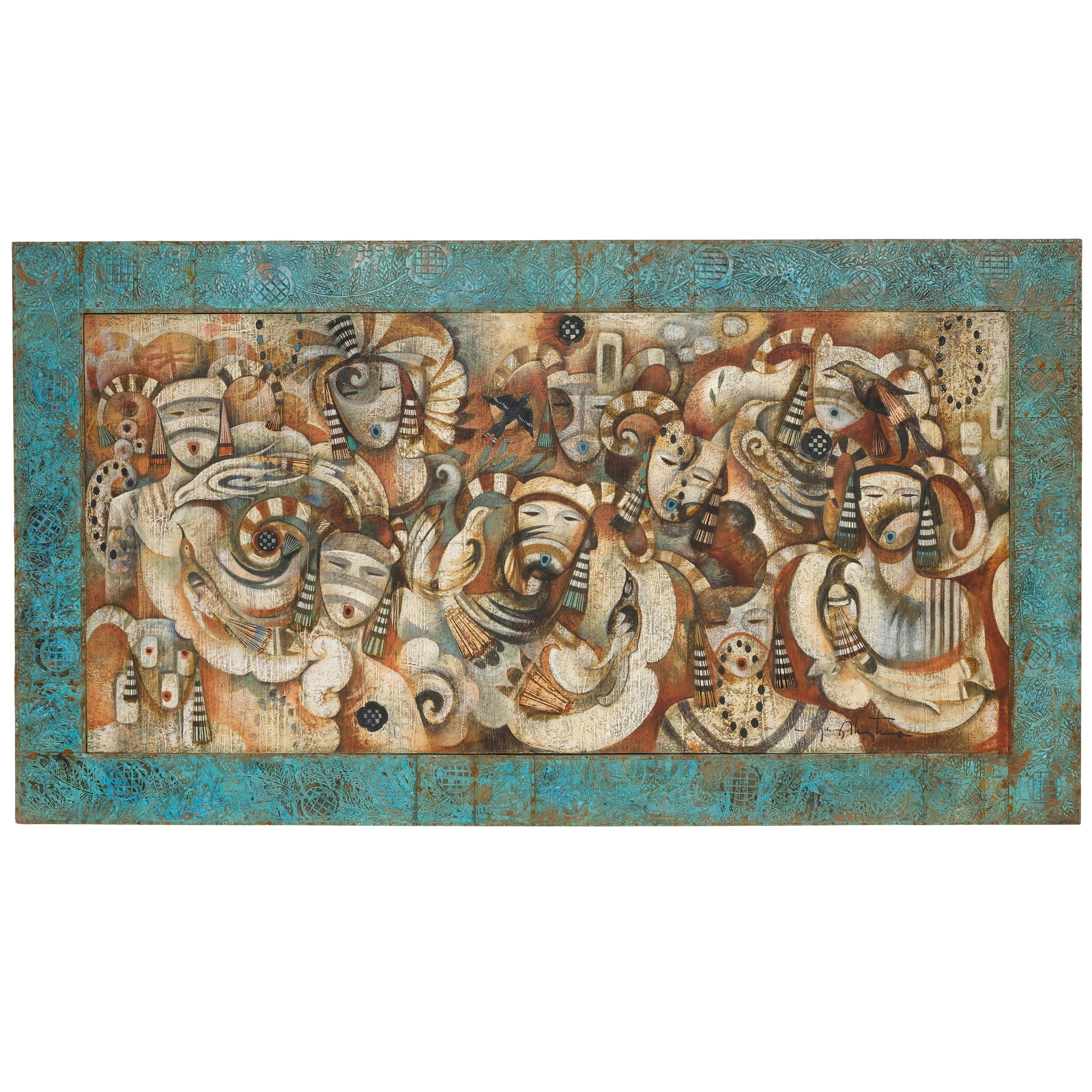 A Tony Abeyta painting: Tony Abeyta Diné (Navajo), (b. 1965), Untitled (Koshare figures), oil and mixed media on panel in artist-made verdigris copper frame, signed lower right. panel: height 40in, width 84in; overall: