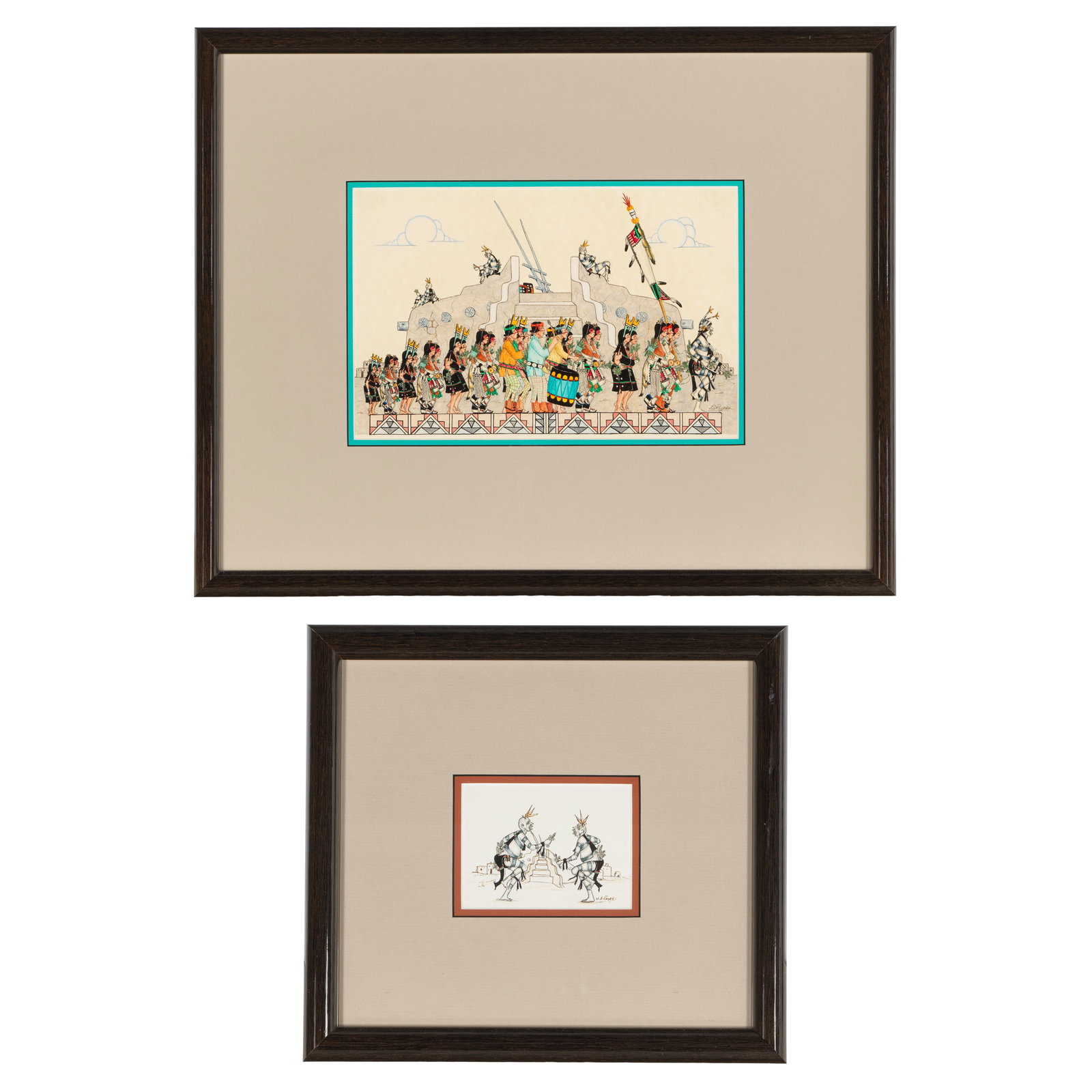 Two José D. 'J.D.' Roybal paintings: José D. 'J.D.' Roybal San Ildefonso Pueblo, (1922-1978), two works: each ink and gouache on paper framed under glass, each signed lower right: J.D. Roybal. sights: height 2 7/8in, width 3 3/4in;