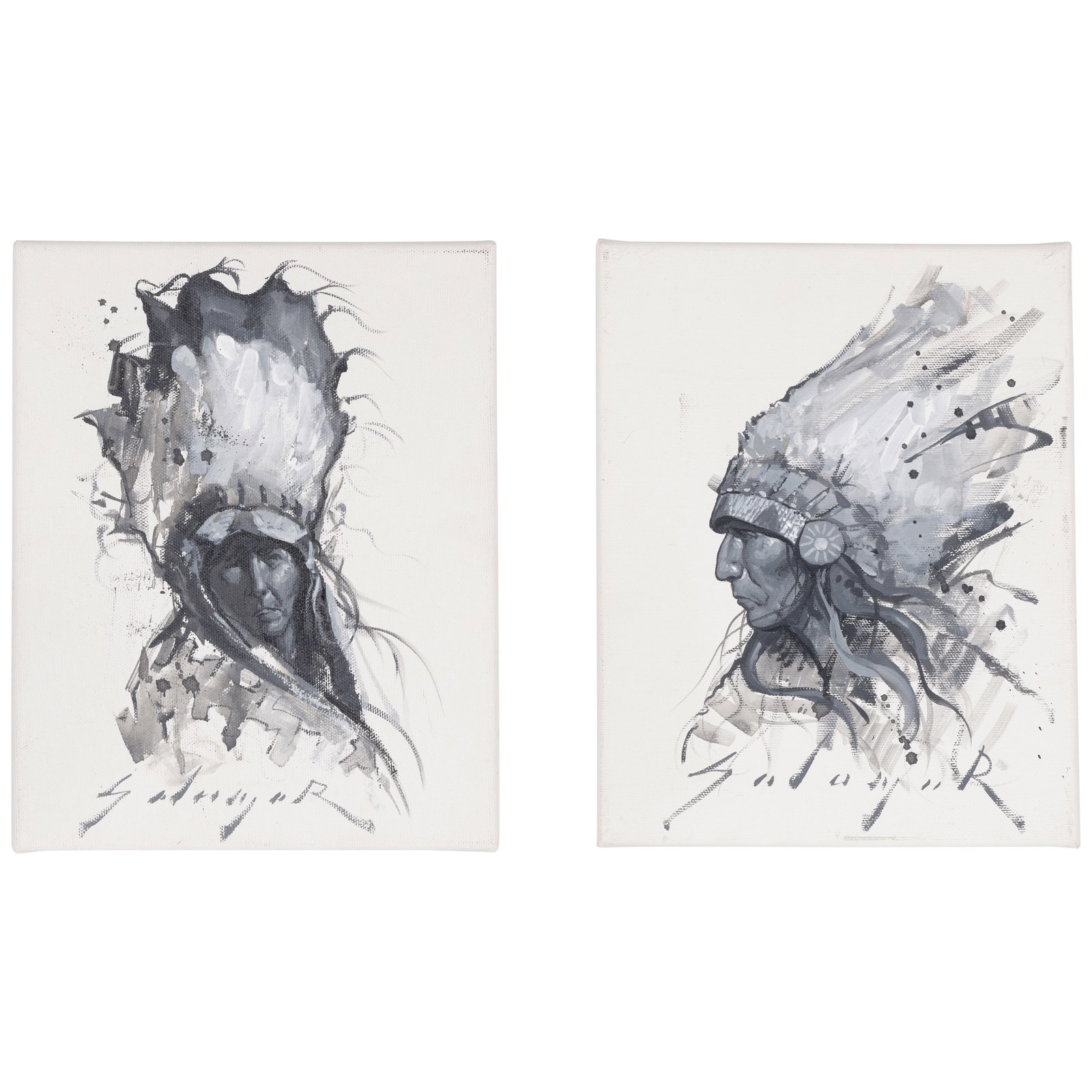 Two Jeremy Salazar (Three Feather Studios) paintings, 2021, 'Warm Wind' and 'Rustling Wind': Jeremy Salazar Diné (Navajo), (b. 1994), two study sketches, 'Warm Wind' and 'Rustling Wind,' 2021, acrylic on canvas, signed bottom center, each inscribed verso with title, 'Study Sketch 2021 /