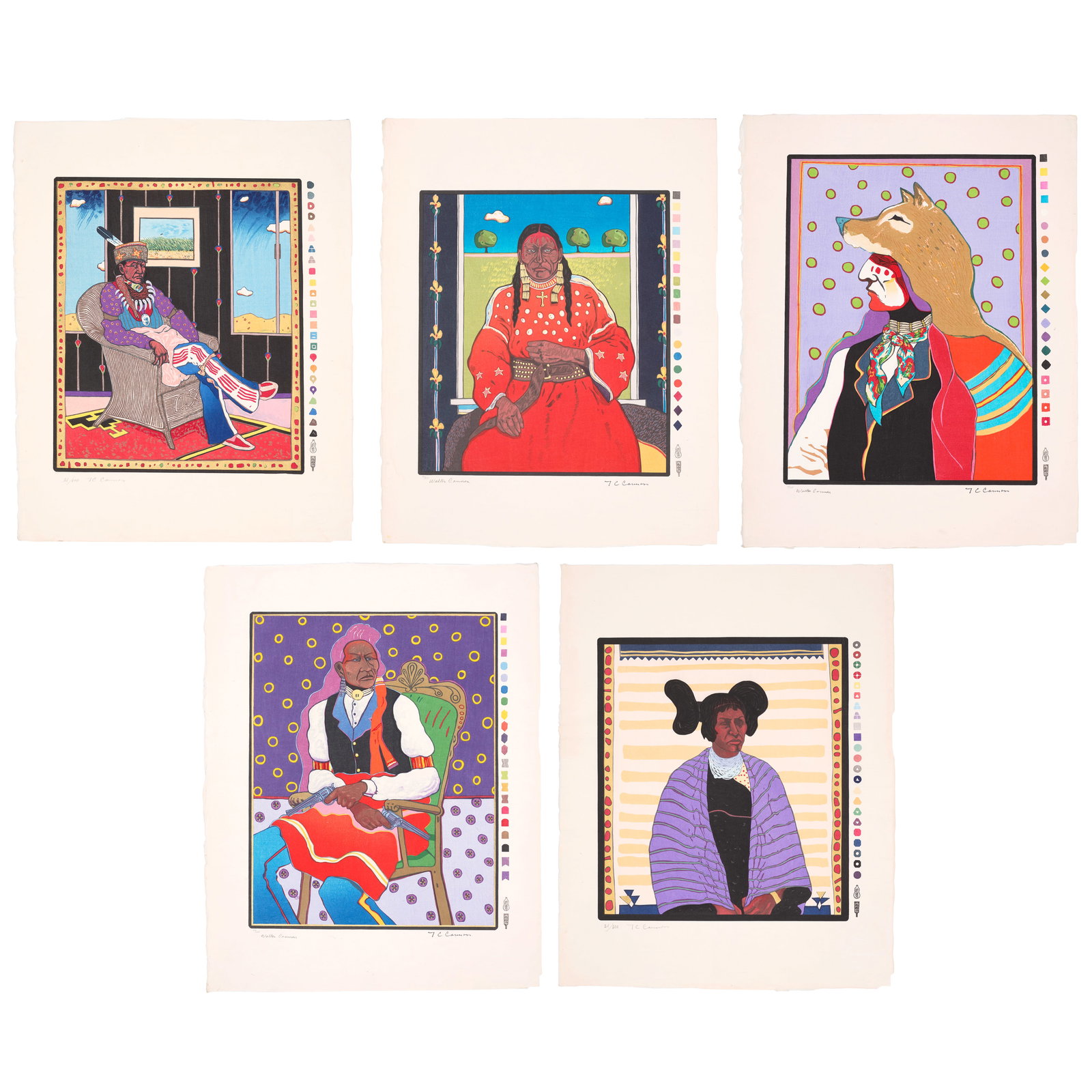 A T.C. Cannon 'Memorial Woodblock Suite,' 1977: T.C. Cannon Kiowa/Caddo, (1946-1978), 'Memorial Woodblock Suite,' 1977, five woodblocks on paper: 'Two Guns Arikara,' 'His Hair Flows like a River,' 'Hopi with Manta,' 'Woman in Window,' and 'Collect