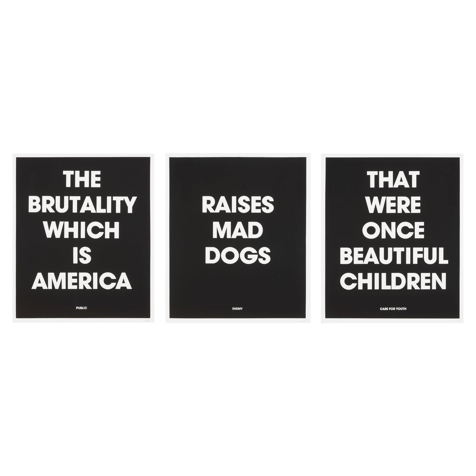 A Hock E Aye Vi (Edgar Heap of Birds) triptych, 'Public Enemy Care for Youth (The Brutality Whic...: Hock E Aye Vi (Edgar Heap of Birds) Cheyenne/Arapaho, (b. 1954), 'Public Enemy Care for Youth (The Brutality Which Is America),' 1991, triptych, each: screenprint on paper framed under Plexiglas, sig