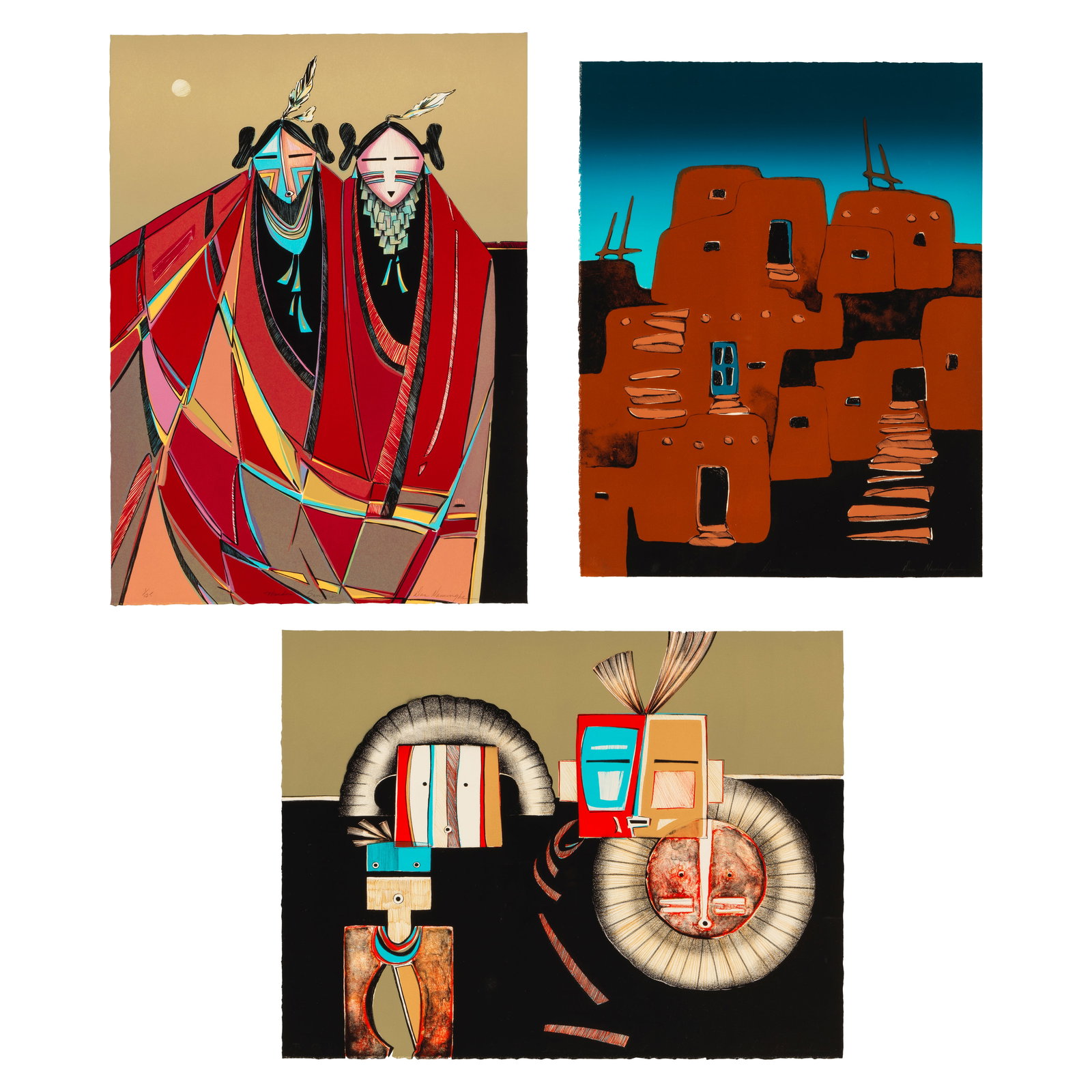 Three Dan Namingha lithographs: 'Maiden Singers,' 1979; 'Dawn,' 1979; and 'Images from My Past,'...: Dan Namingha Hopi-Tewa, (b. 1950), three works: 'Dawn,' 1979; 'Maiden Singers,' 1979; and 'Images from My Past,' circa 1980, each lithograph framed under glass, edition 1 of 50, 1 of 125, and 1 of 125