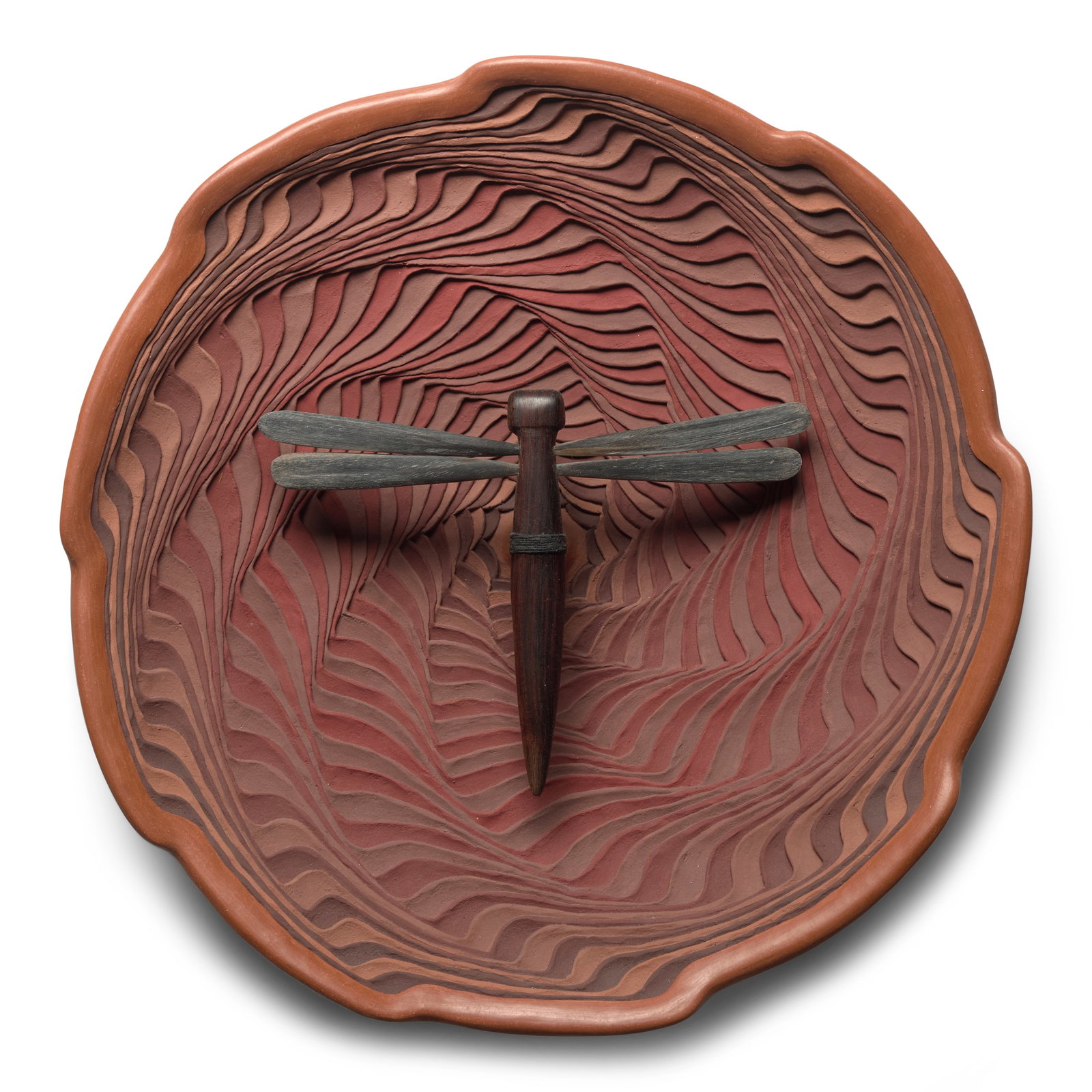 A Richard Zane Smith sculpture, 'Rain Prayer,' 1999: Richard Zane Smith Wyandot, (b. 1955), 'Rain Prayer,' 1999, ceramic bowl with wave motif and wooden dragonfly affixed with cotton string, signed, dated and titled on the underside. height 2 5/8in, dia