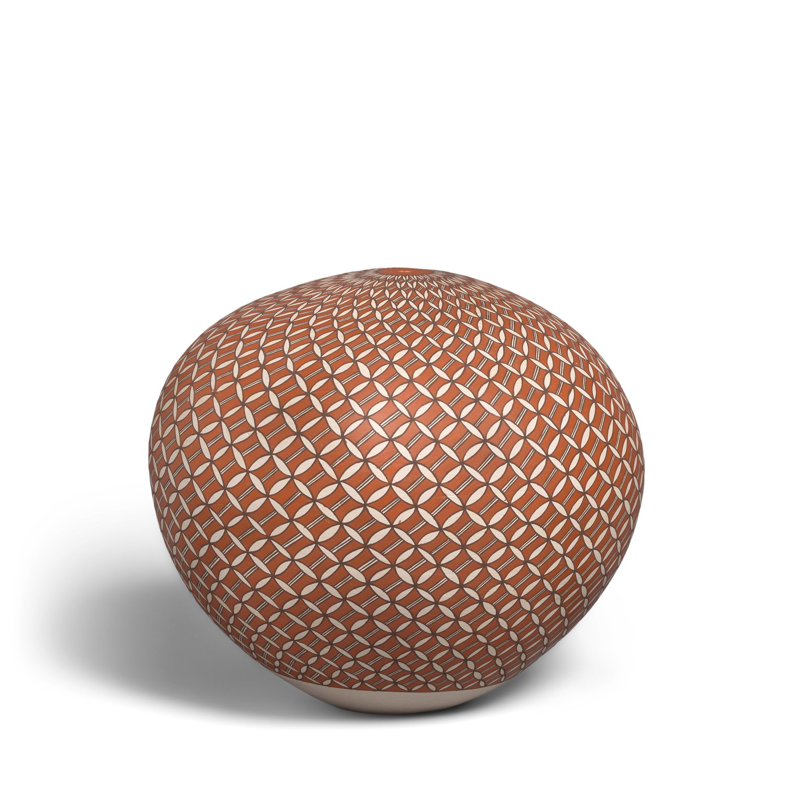 A JoAnn Chino Garcia polychrome seed jar: JoAnn Chino Garcia Acoma Pueblo, (b. 1961), 1988, a polychrome pottery seed jar with all-over fine-line decoration, signed and dated on the underside. height 8 3/4in, diameter 10in