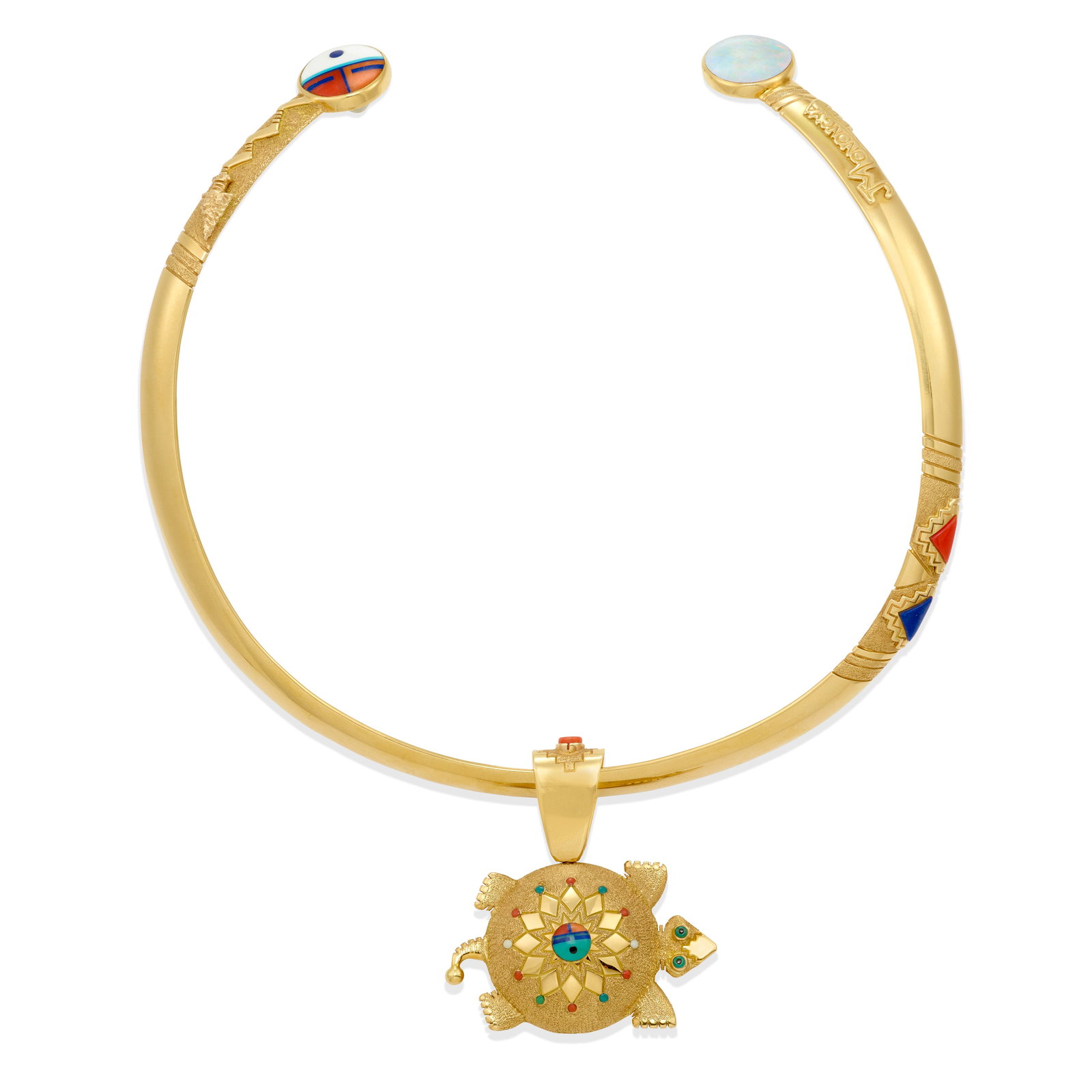 A Jesse Monongya 18k gold and multi-stone necklace and pendant: Jesse MonongyaHopi, (1952-2024), an 18k gold and multi-stone collar necklace/neck ring with removable/reversible 18k gold and multi-stone-inlaid turtle-motif pendant, the turtle's belly inlaid with