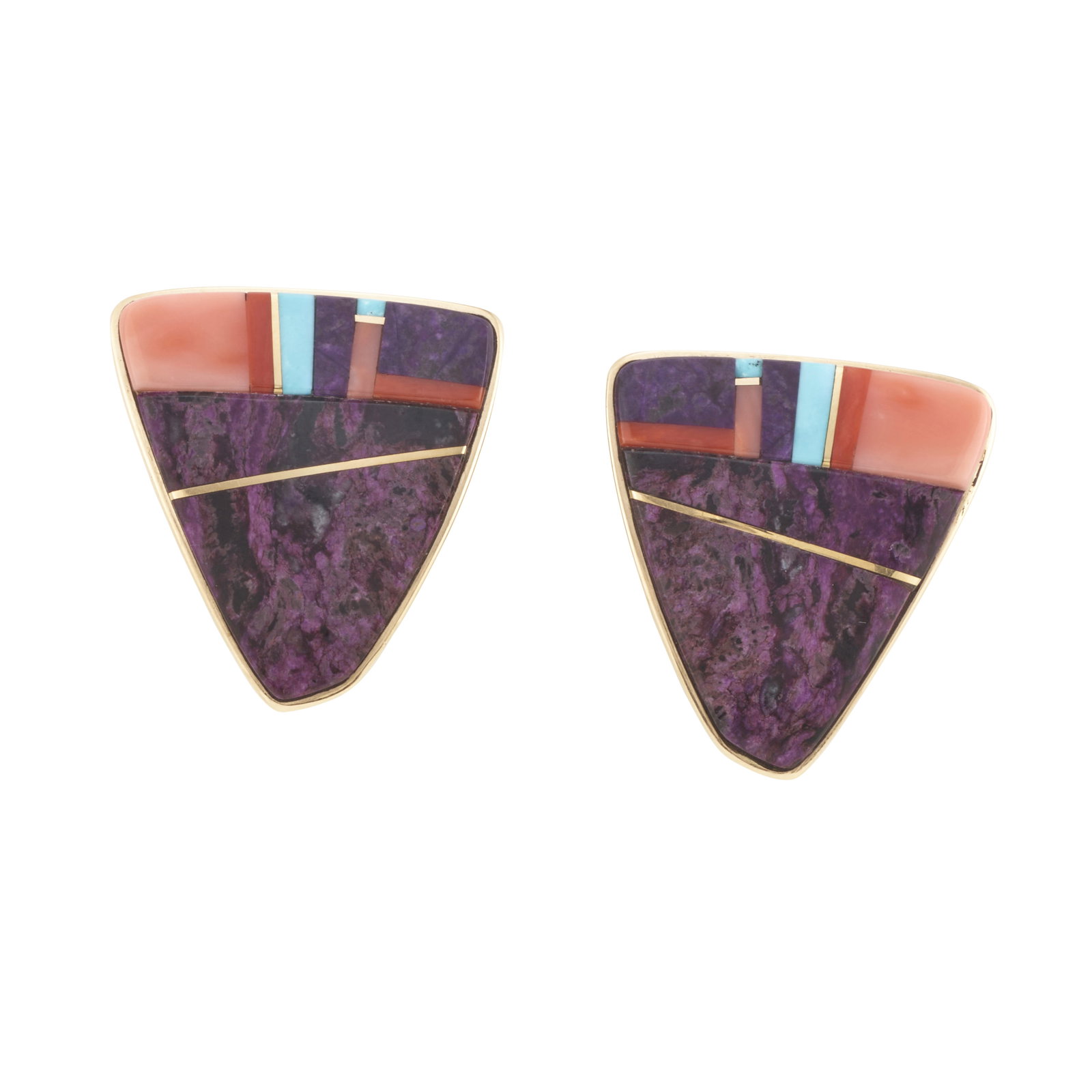 A pair of Verma Nequatewa (Sonwai) gold and multi-stone earrings: Verma Nequatewa (Sonwai) Hopi, (b. 1949), a pair of 14k gold and multi-stone inlaid ear clips set with coral, sugilite, turquoise, and gold spacers, of triangular shape, each stamped with artist's pic