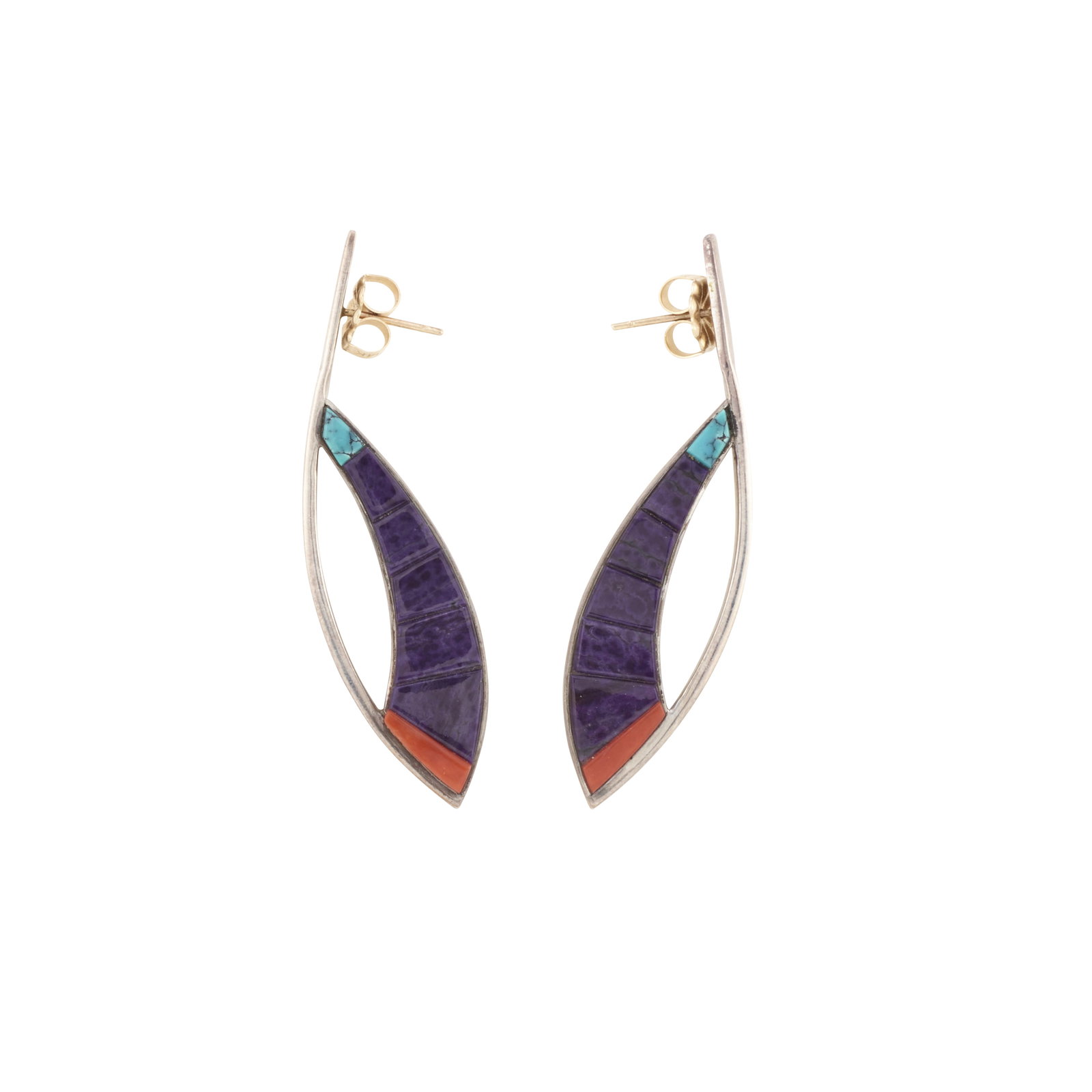 A pair of Richard Chavez silver and multi-stone earrings: Richard Chavez San Felipe Pueblo, (b. 1949), a pair of silver, coral, turquoise and sugilite-inlaid earrings, each stamped with maker's mark. each: length 2 1/4in, width 5/8in; gross weight approxima