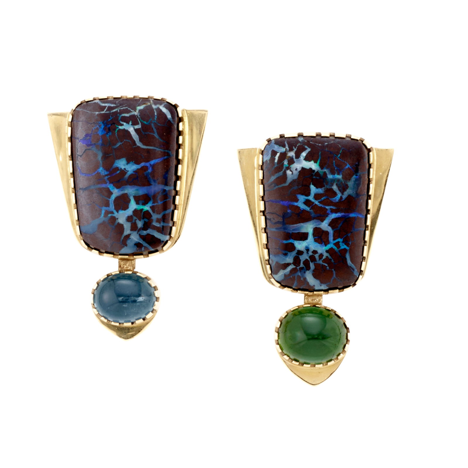 A pair of gold Gail Bird and Yazzie Johnson ear clips: Gail Bird and Yazzie Johnson Kewa (Santo Domingo)/Laguna, (b. 1949) & Diné (Navajo), (b. 1946), a pair of 18k gold ear clips, set with boulder opal and a single oval-shaped green or blue tourmali