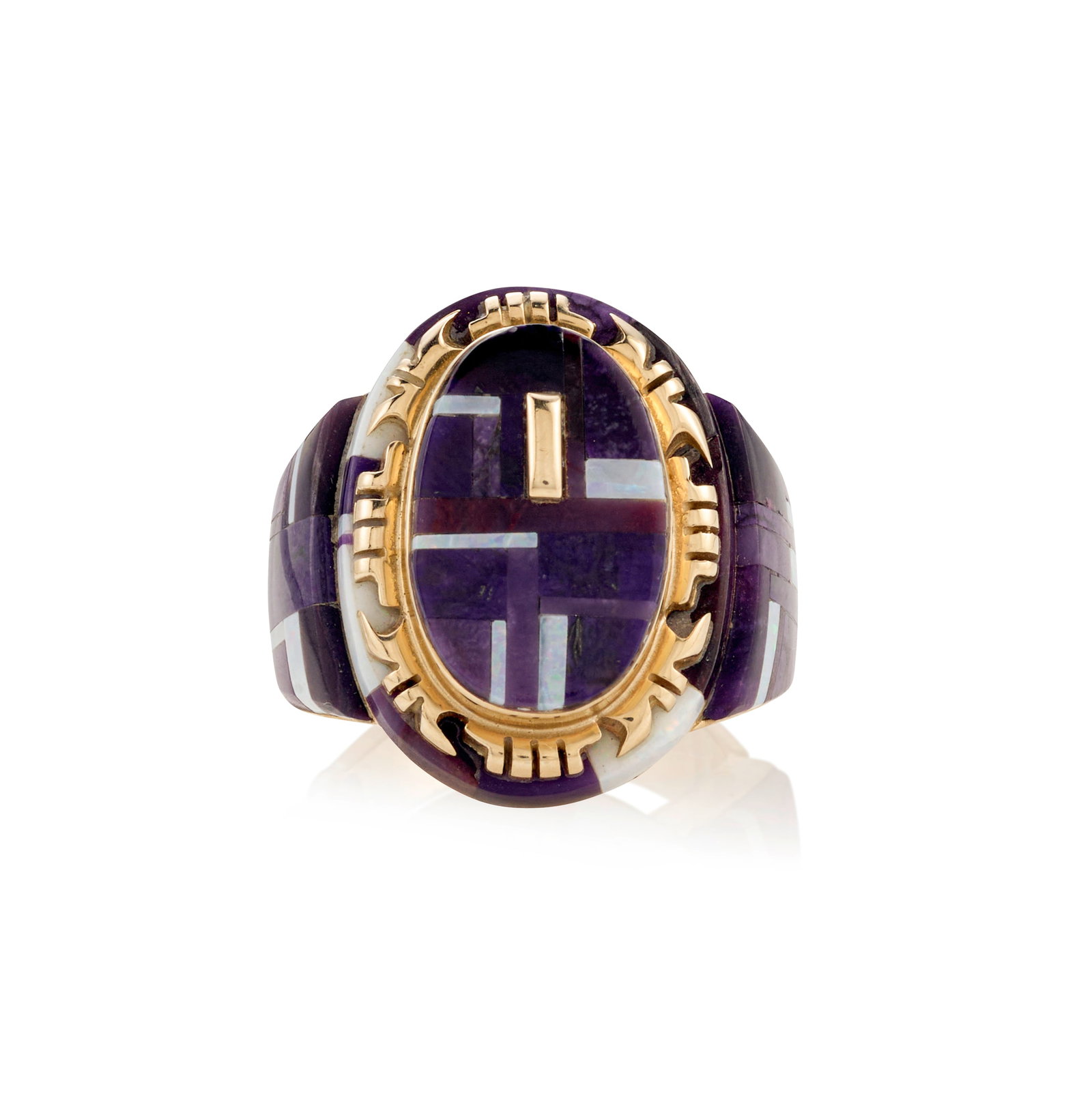 A Cordelia Casuse gold and multi-stone ring: Cordelia Casuse Hopi, (b. 1970), a 14k gold ring with stamped shank and set with sugilite and opal inlay and a single gold spacer, stamped on the interior with maker's mark and: 14K. ring size 6 1/2;