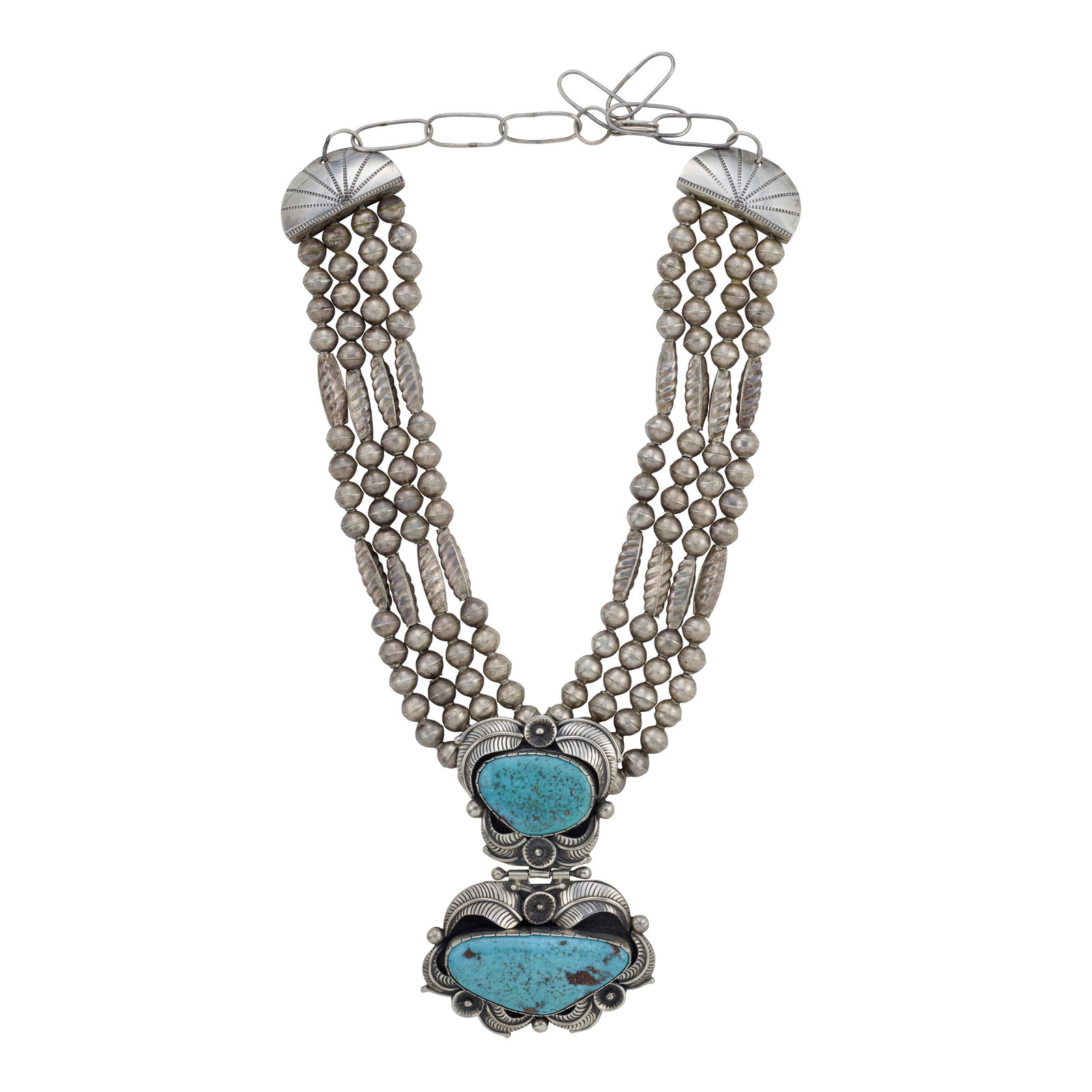 A Carl Luthey (Shop)/Navajo Hogan silver and turquoise necklace: Carl Luthey (Shop)/Navajo Hogan (in operation 1956-1970s), a four-strand silver bead choker necklace suspending a hinged floral and foliate-motif pendant, each section set with turquoise, the pendant
